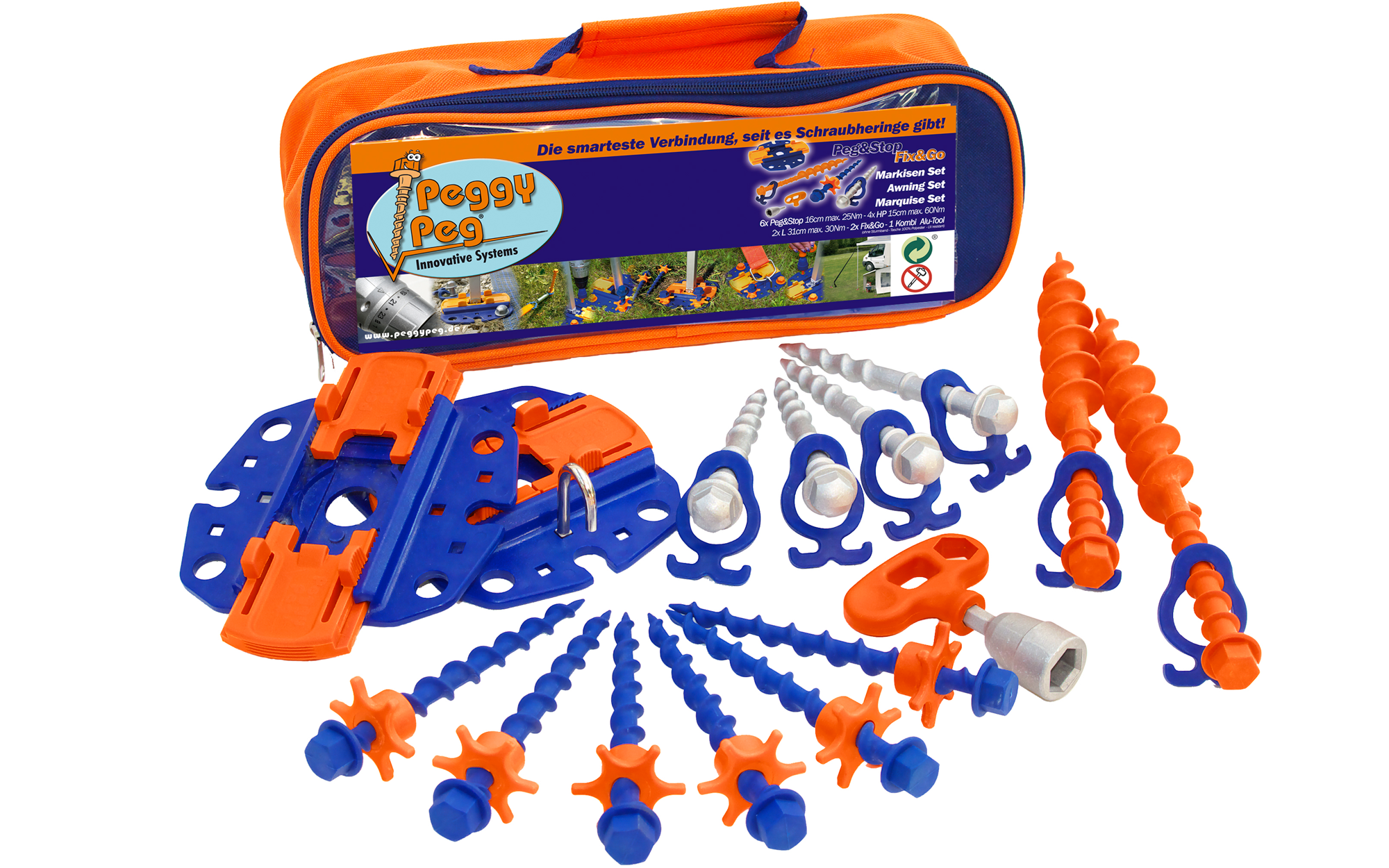 Peggy Peg Fix&Go Peg&Stop Markisen Set mit Schraubheringe und Ankerplatten