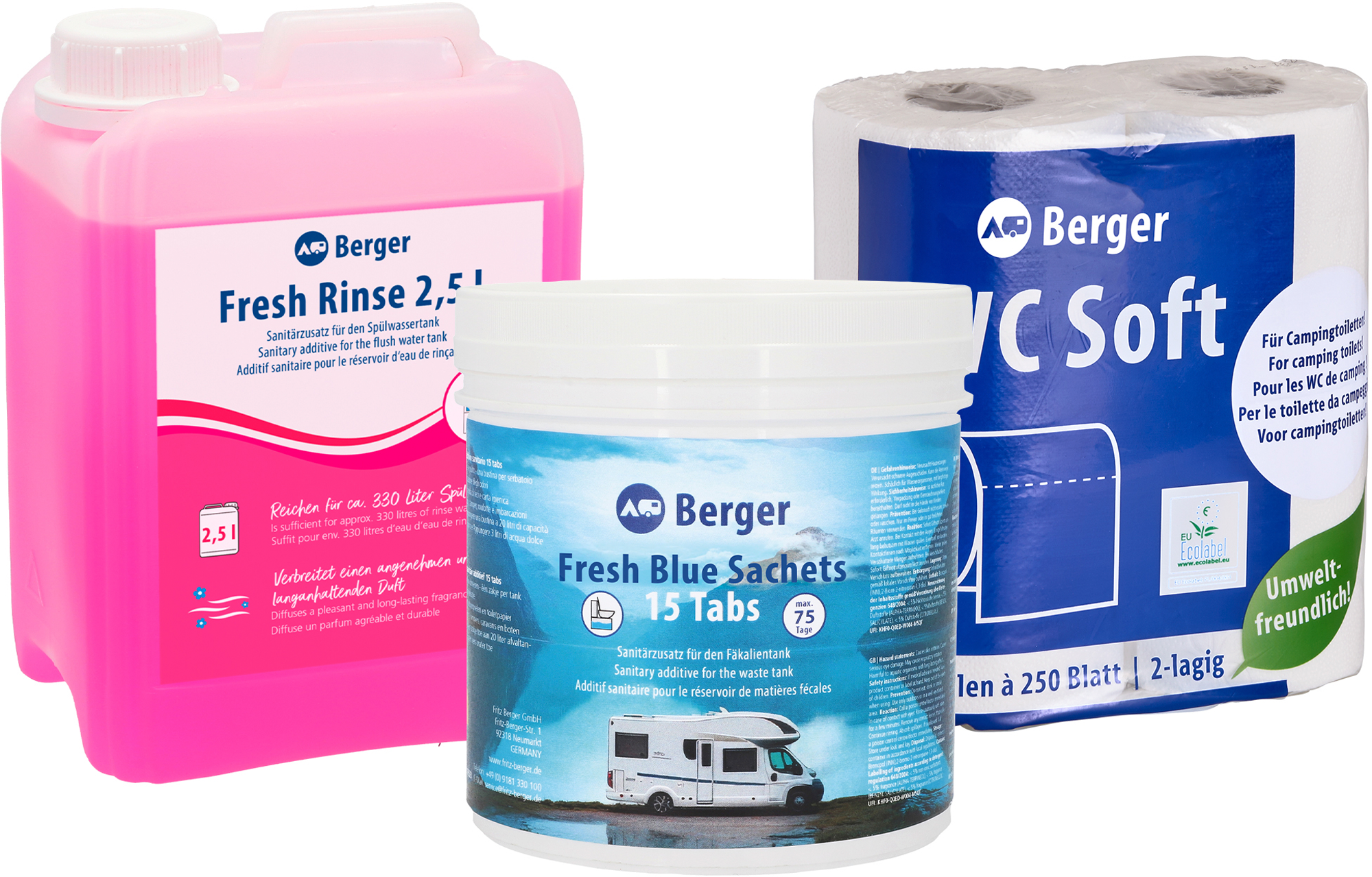 Berger Sanitär Set 3-teilig inkl. Fresh Blue Sachets + Fresh Rinse 2,5 l + WC Soft