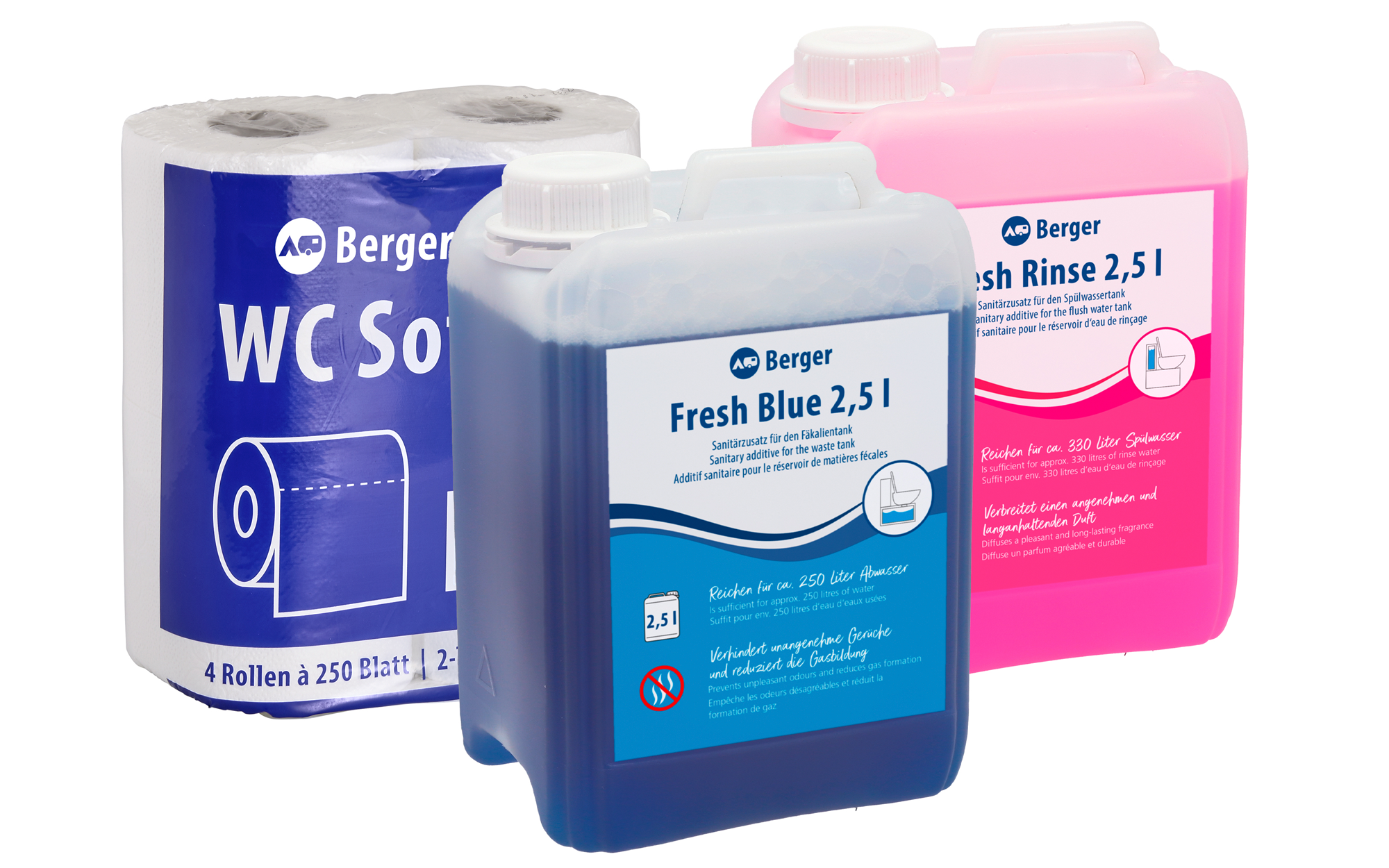 Berger Sanitär Set 3-teilig inkl. Fresh Blue 2,5 l + Fresh Rinse 2,5 l + WC Soft