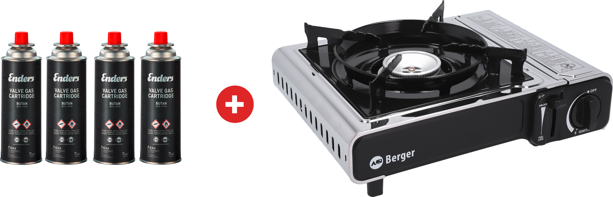 Berger Stromboli Kartuschenkocher 2,2 kW mit Koffer inkl. 4 x 227 g Enders