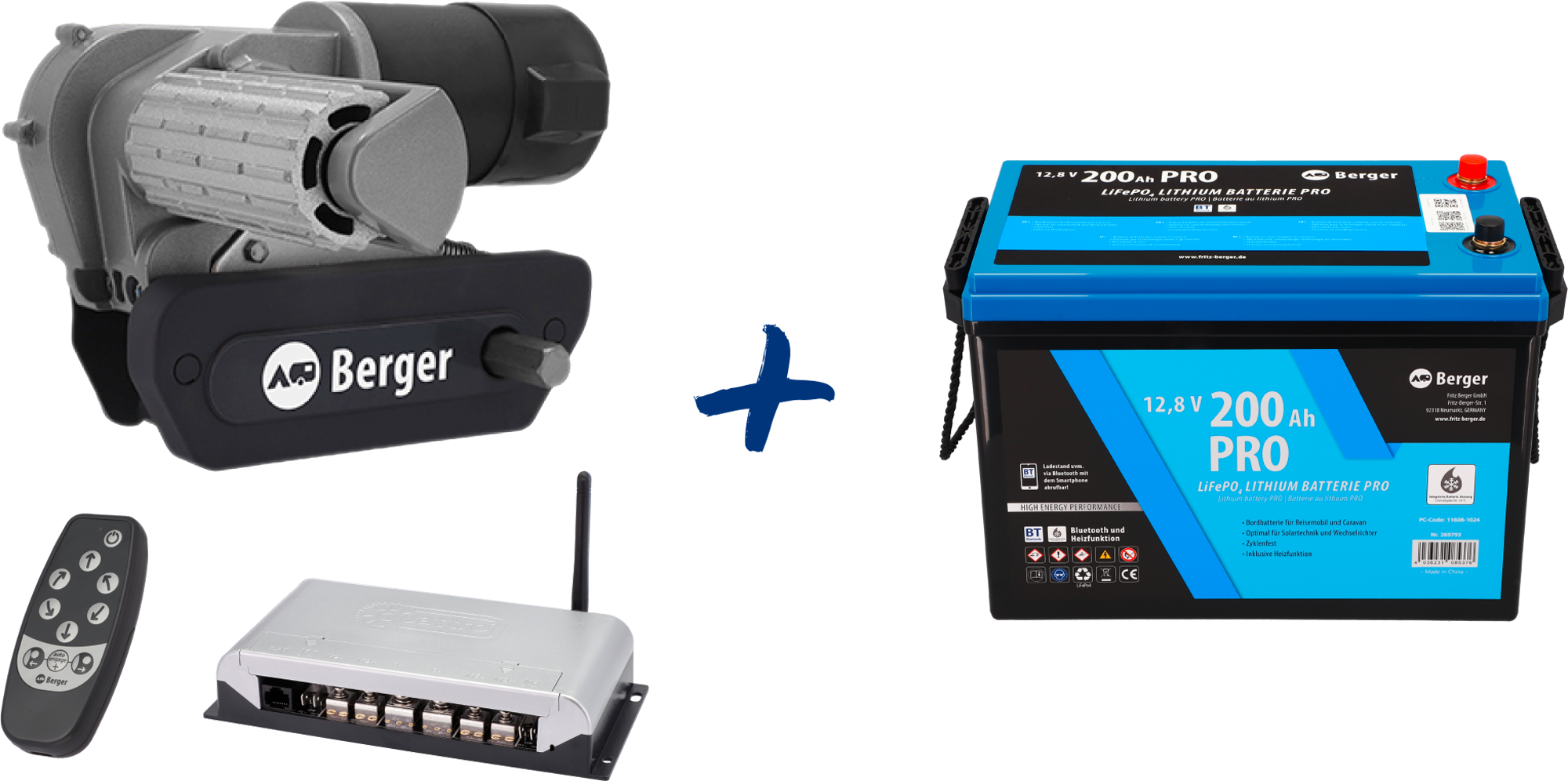 Berger Titanium Rangierhilfe halbautomatisch Anthrazit + LiFePO4 Lithium Batterie Pro 200 Ah 12 V mit Bluetooth & Heizung im