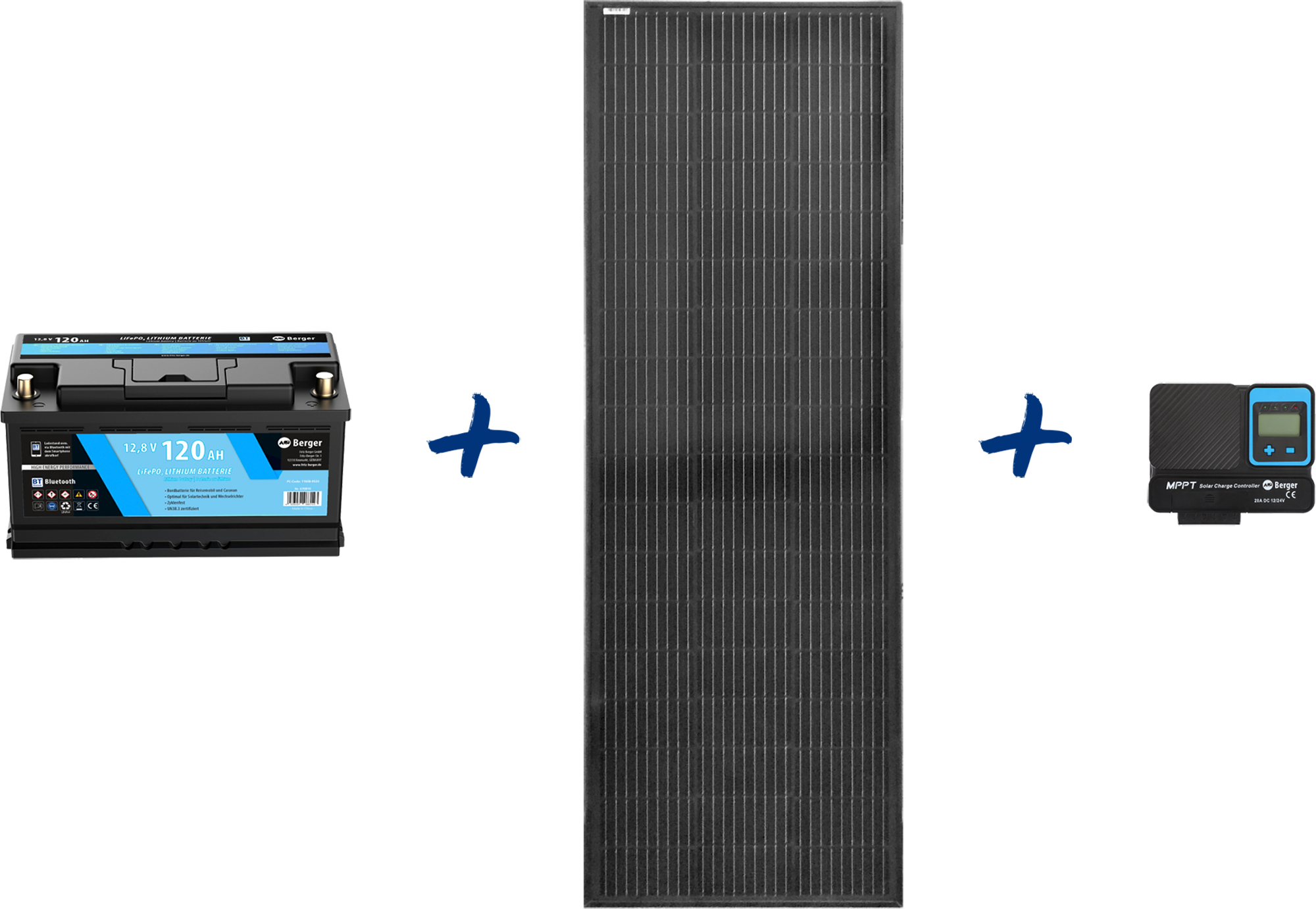 Berger LiFePO4 Lithium Batterie 120 Ah 12 V mit Bluetooth + Berger SX PRO MPPT-Solarladeregler 20 A + PX150 starres Solarpanel 150 W im Set - Fahrzeug-Batterien