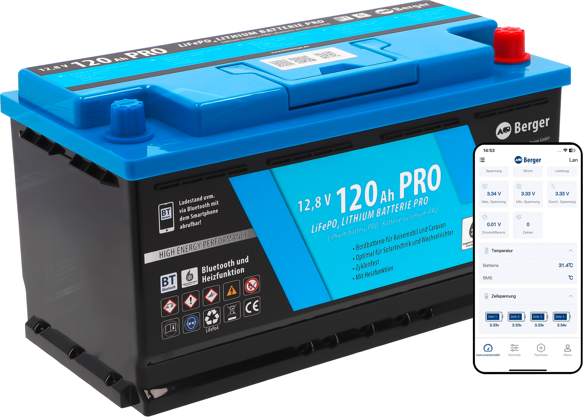 Berger LiFePO4 Lithium Batterie Pro 120 Ah 12V mit Bluetooth & Heizung