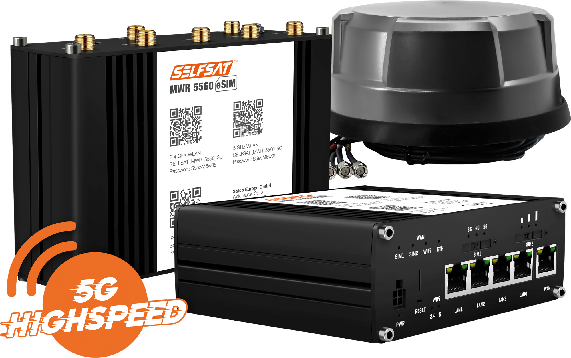 SELFSAT MWR 5560 WLAN Router eSIM 5G Cat 20 bis 3,4 Gbps inklusive Panorama Antenne schwarz - 5G-/LTE-Antennen