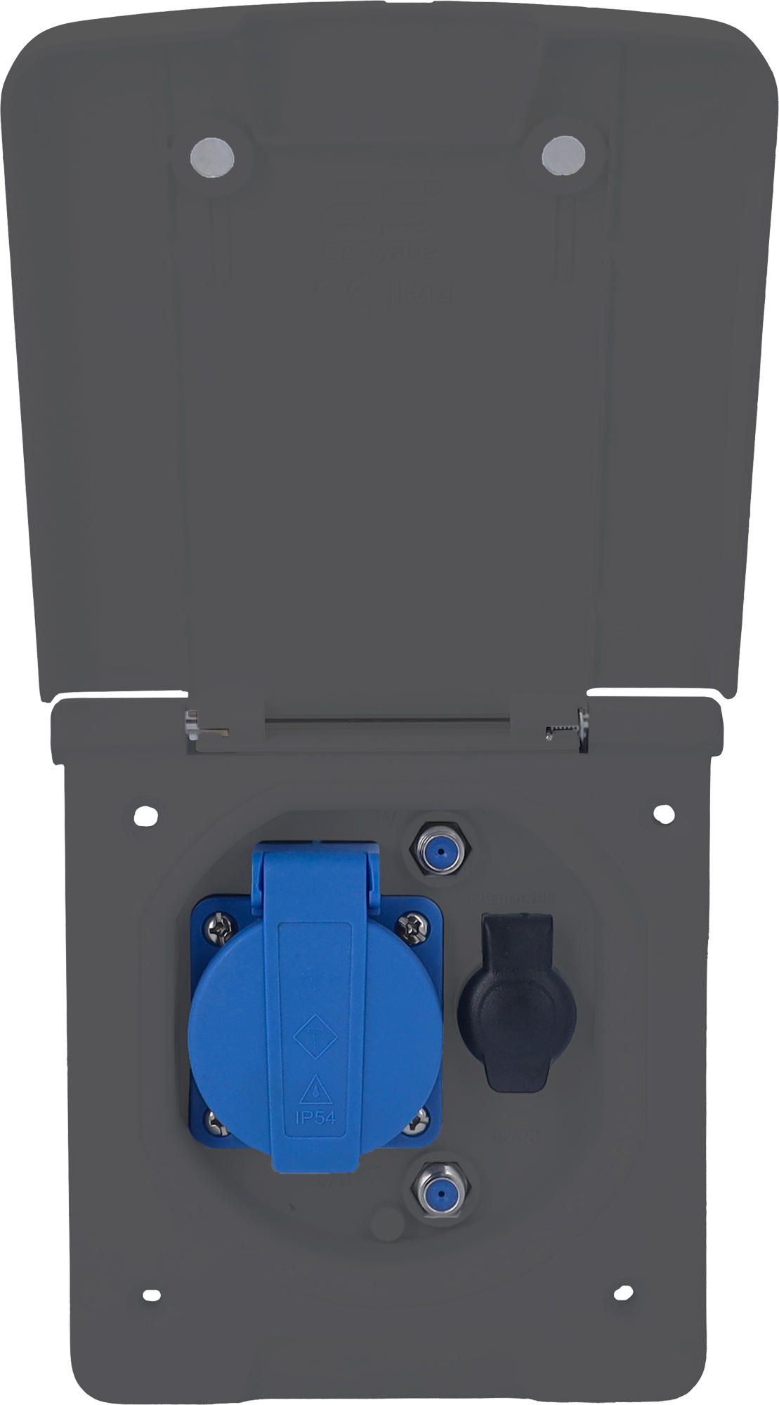 Schwabe Caravan Vorzelt-Multifunktionssteckdose inkl 1x Schutzkontaktsteckdose 230 V / 1x Steckdose 12 V /  2x SAT-Steckdosen anthrazit - 230 V Steckdosen von AS-Schwabe