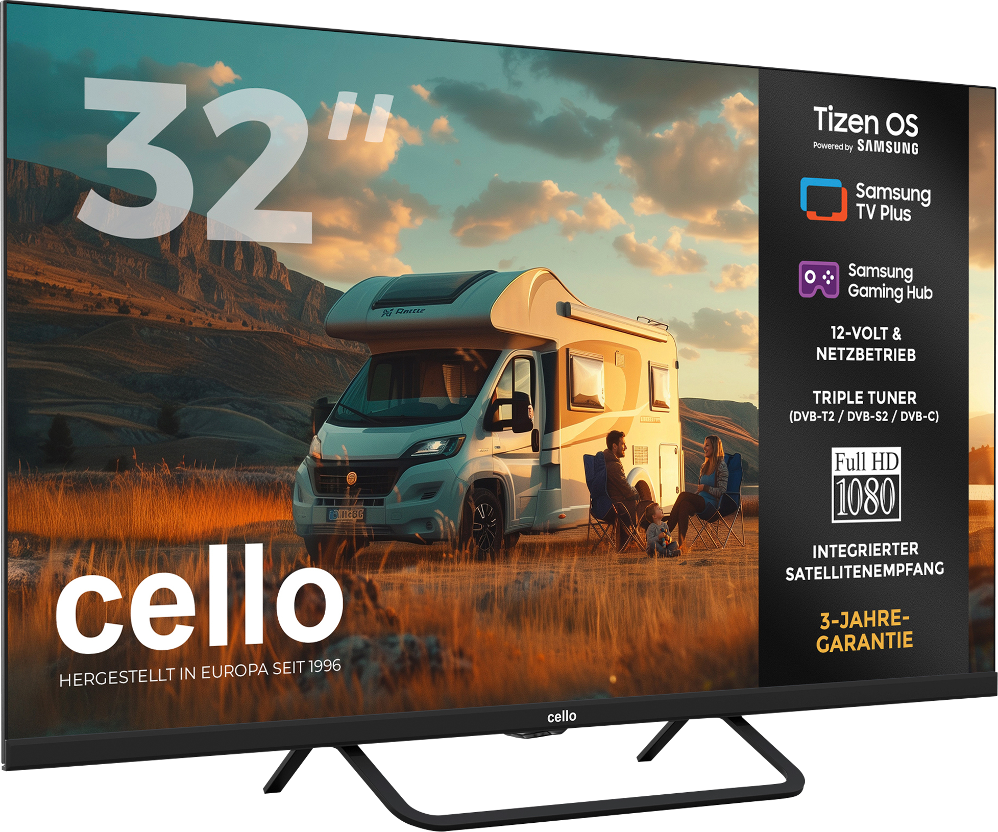 Cello CTrav Smart Tizen OS Camping LED TV mit Pitch Perfect Sound System, Triple Tuner, WLAN, Bluetooth, 12/24/230 V, 32 Zoll - Fernseher