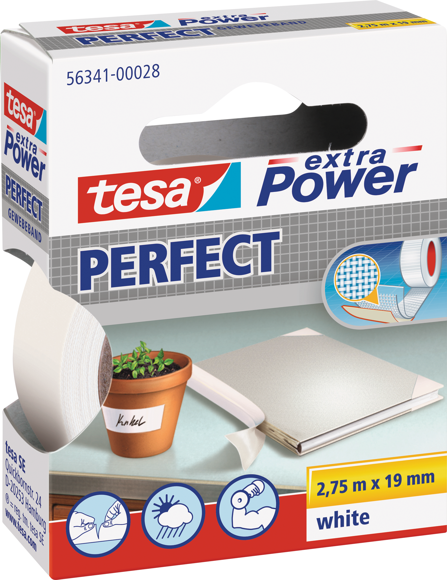 Tesa Extra Power Perfect Klebeband Gewebe 2,75 m Weiß 19 mm