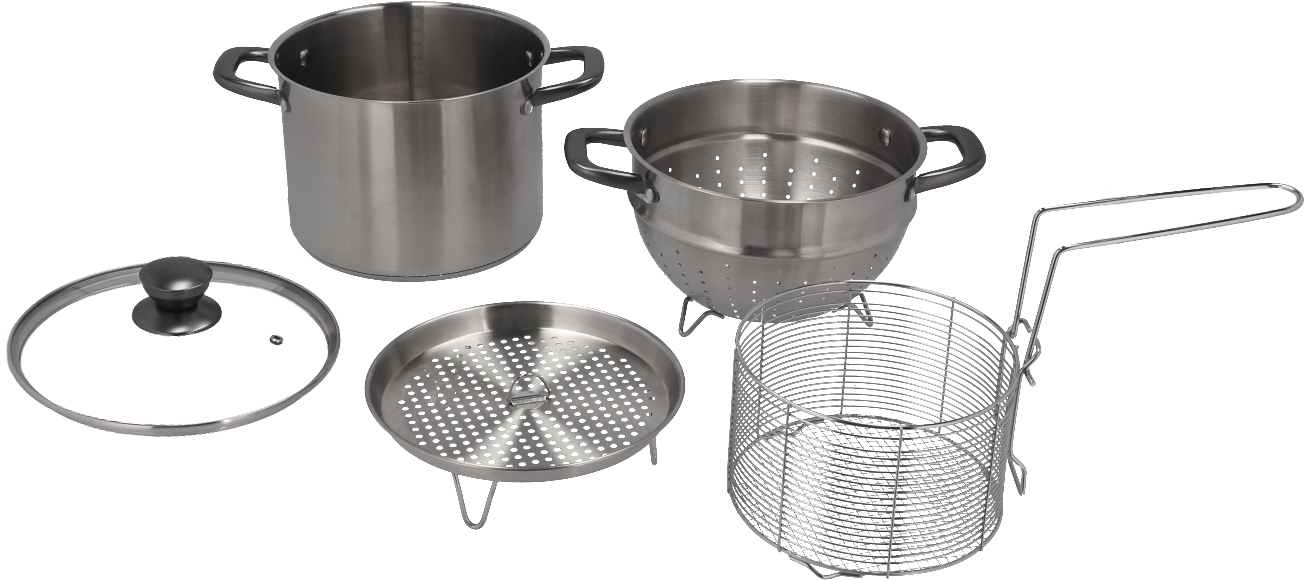 Berger Gravura Edelstahl Topfset 5-tlg. mit Sieb, Dämpfeinsatz und Frittierkorb