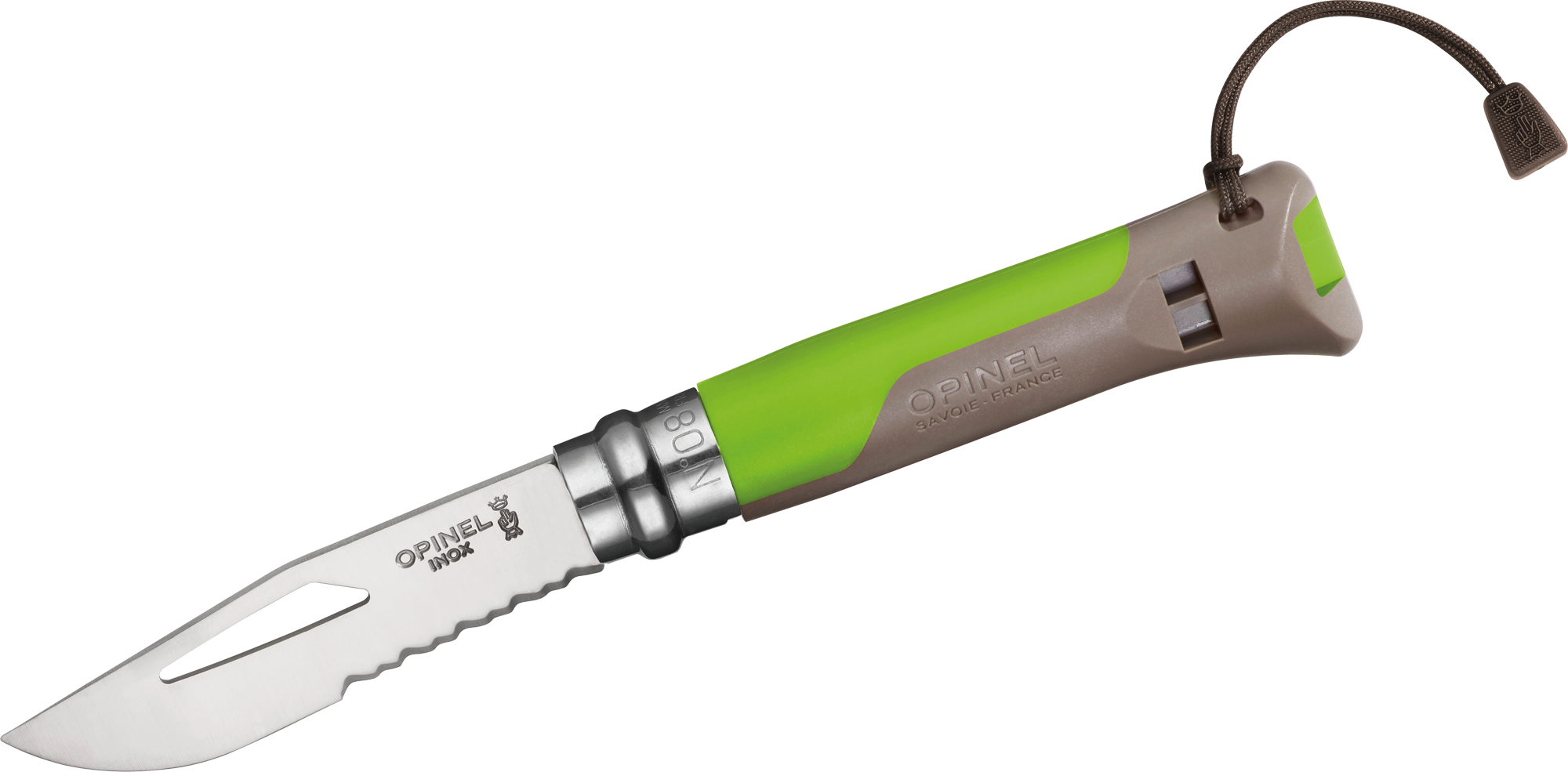 Opinel N°08 Outdoor Taschenmesser mit Signalpfeife Klingenlänge 8,5 cm grün