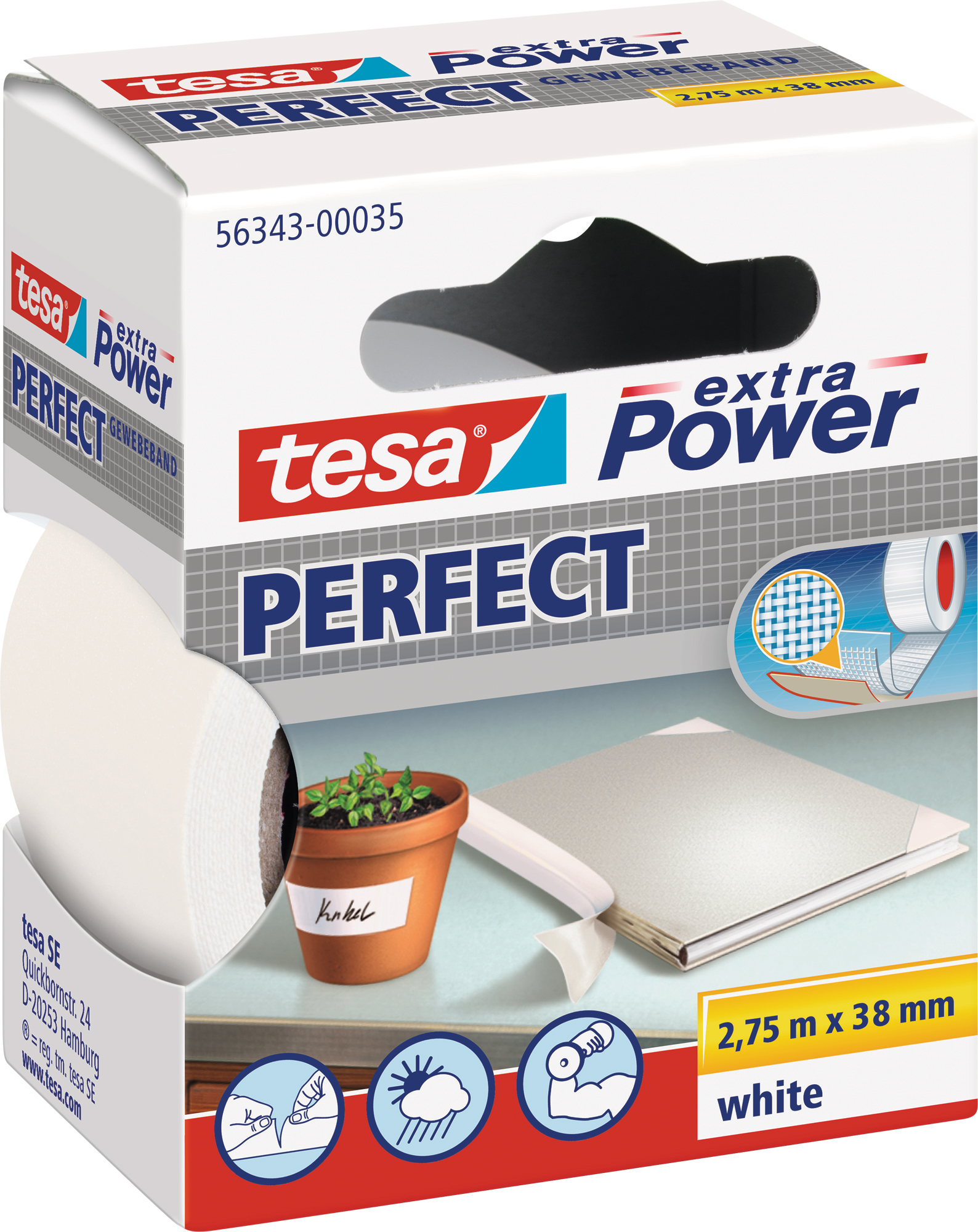 Tesa Extra Power Perfect Klebeband Gewebe 2,75 m Weiß 38 mm