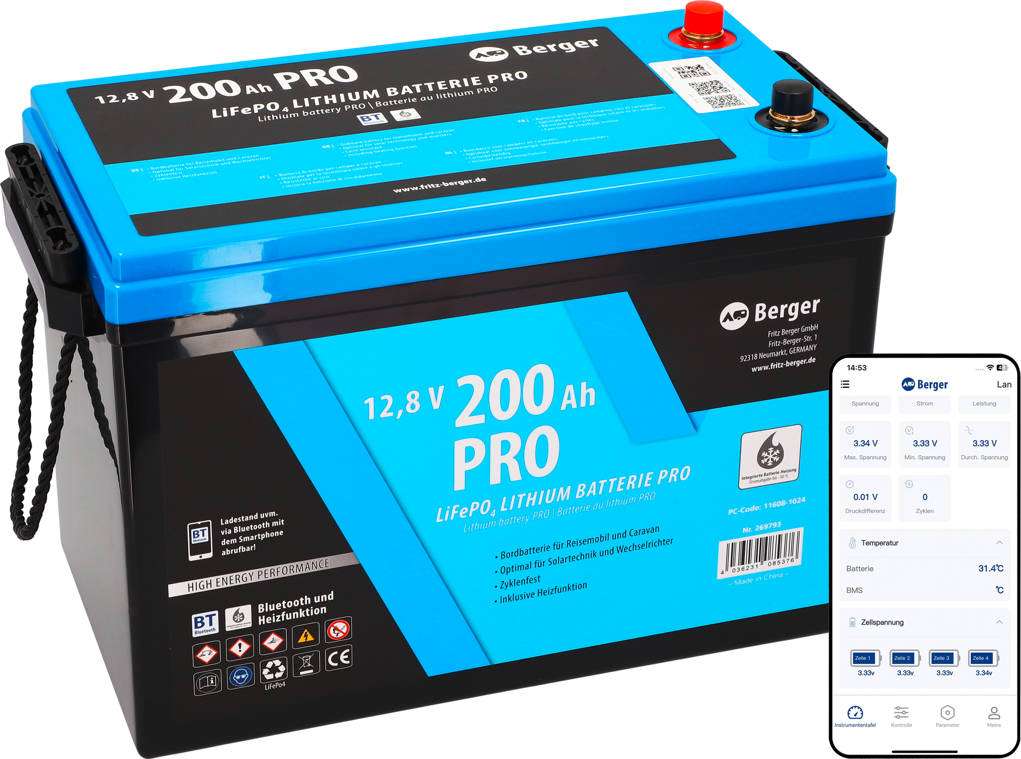 Berger LiFePO4 Lithium Batterie Pro 200 Ah 12V mit Bluetooth & Heizung