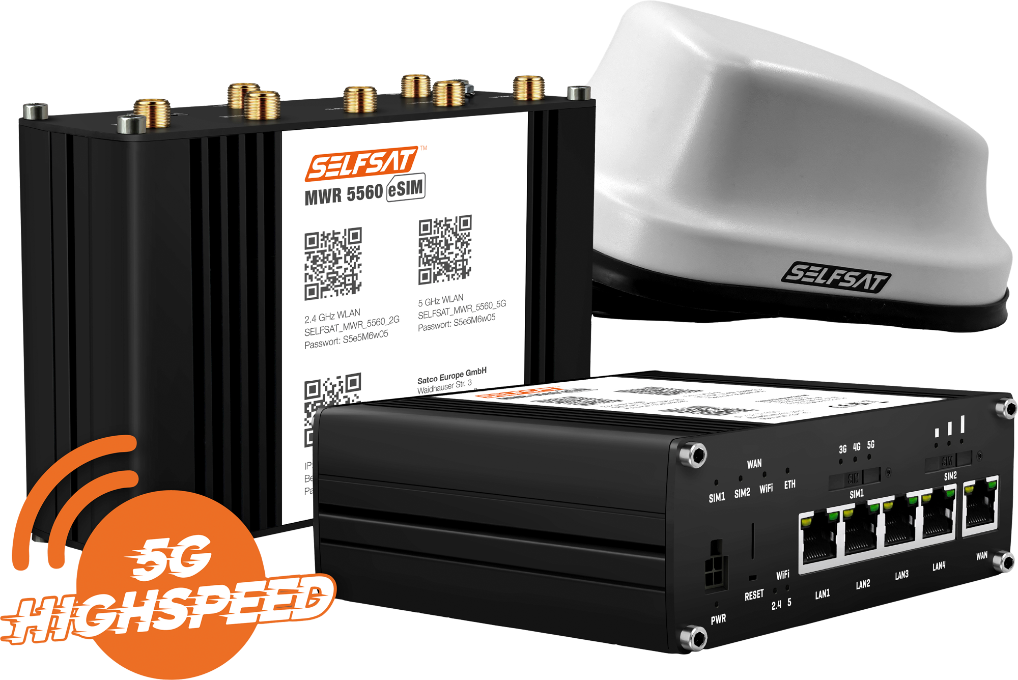 SELFSAT MWR 5560 WLAN Router eSIM 5G Cat 20 bis 3,4 Gbps inklusive SELFSAT 5G Antenne