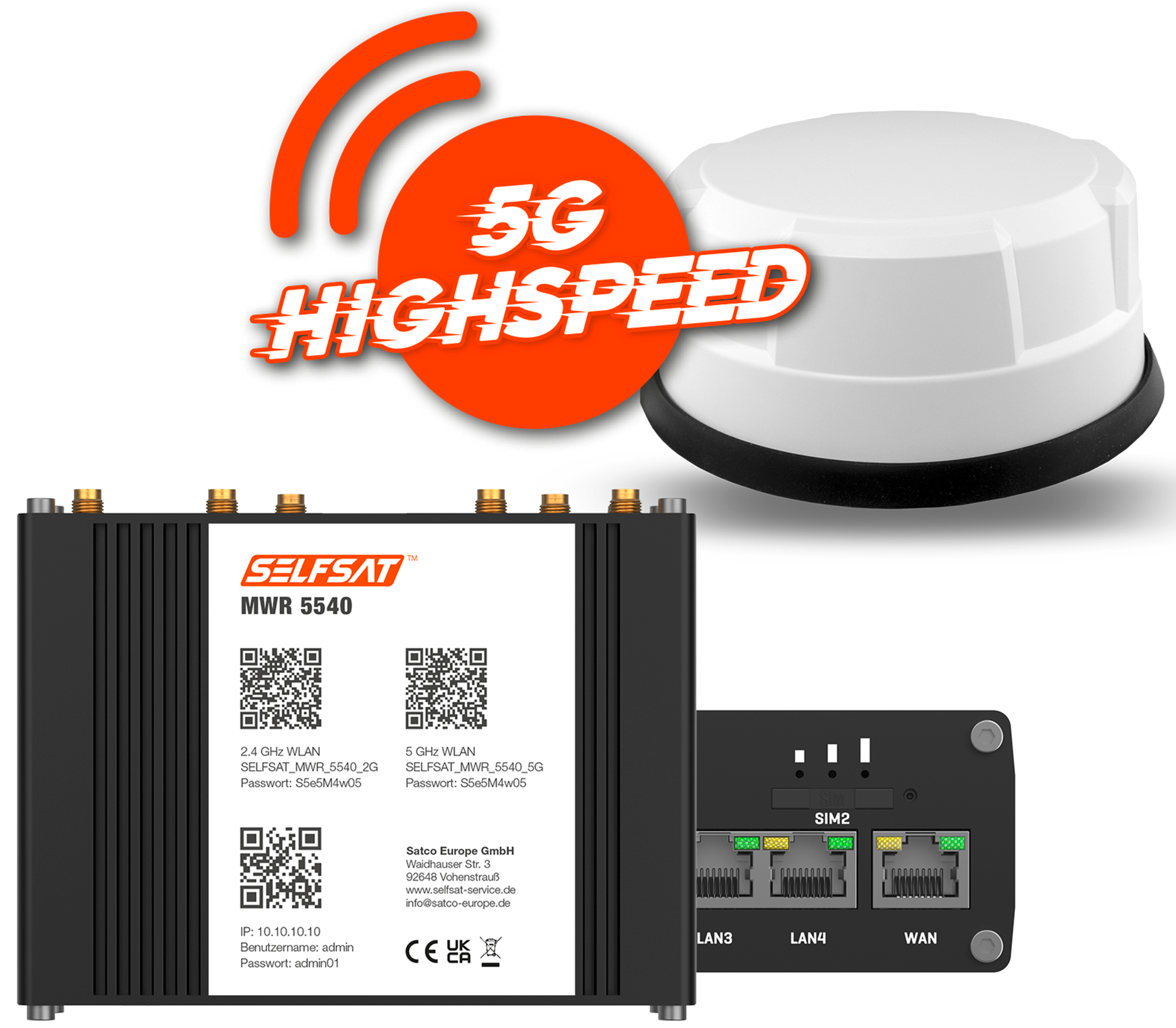 Selfsat 5G Cat 12 WLAN Router MWR 5540 bis 2,6 Gbps inkl. Panorama Antenne