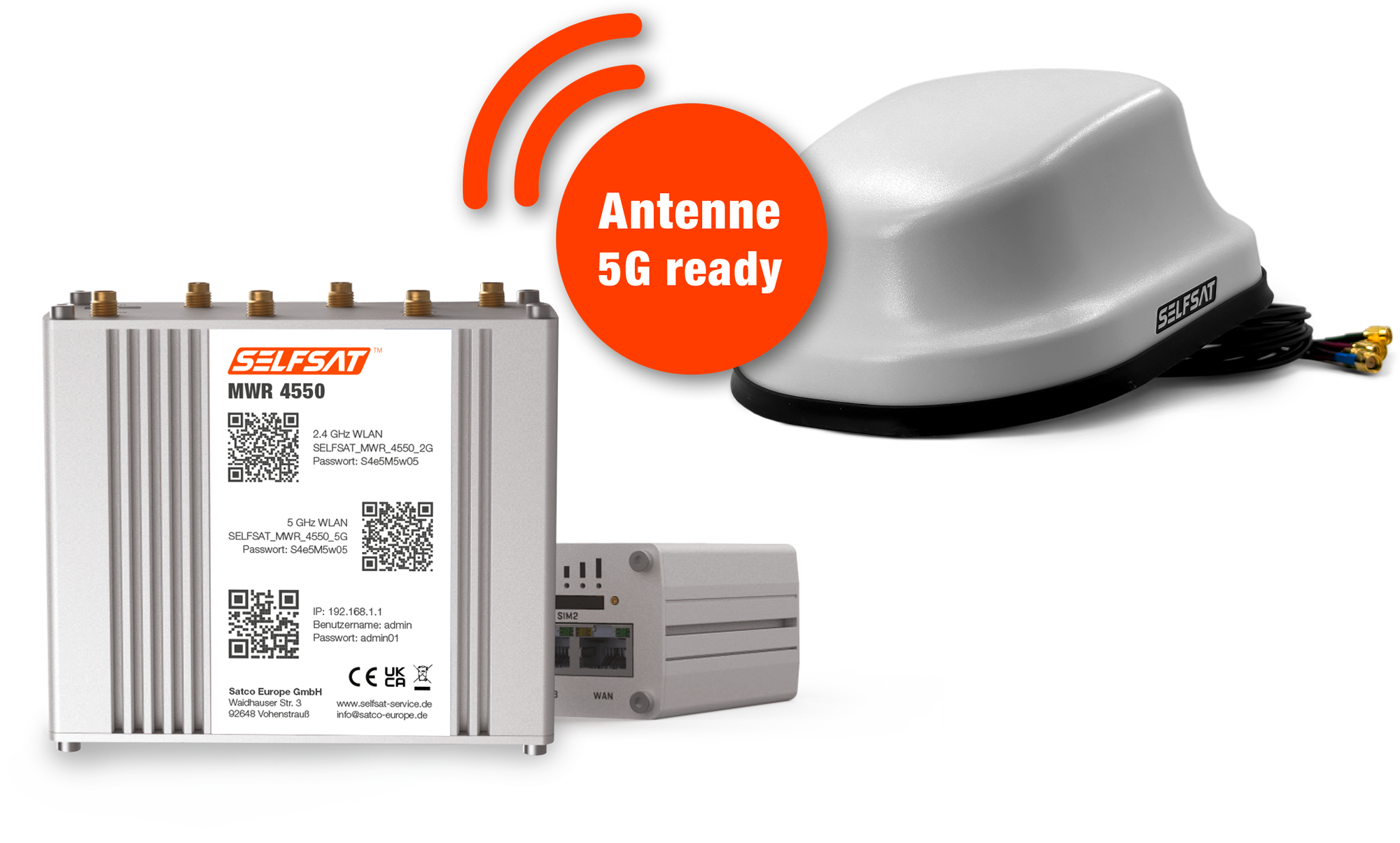 Selfsat 4G / LTE & WLAN Internet Router MWR 4550 Komplettset bis 300 Mbps inkl. 4G / 5G ready Dachantenne weiß - Router