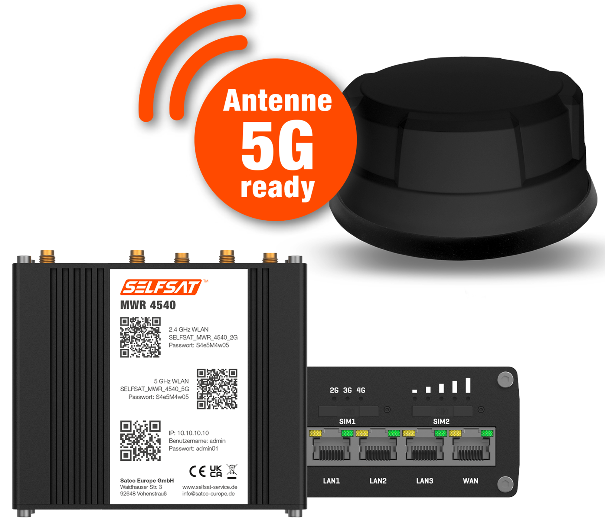 Selfsat 4G Cat 6 WLAN Router MWR 4540 inkl. 5G Panorama Antenne bis 300 Mbps
