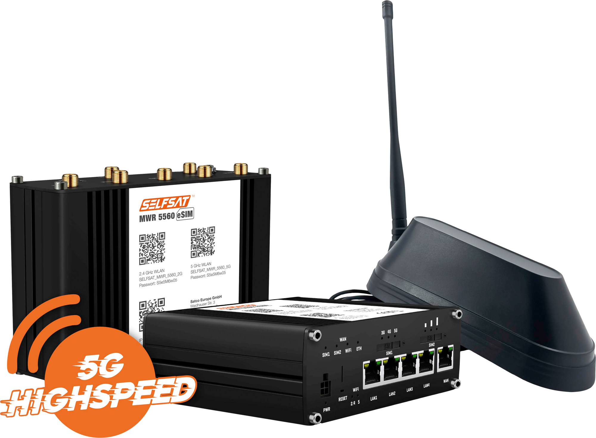 Selfsat MWR 5560 eSIM 5G Cat 20 WLAN Router mit SHARK 5G Dachantenne schwarz bis 3,4 Gbps - Router-Sets