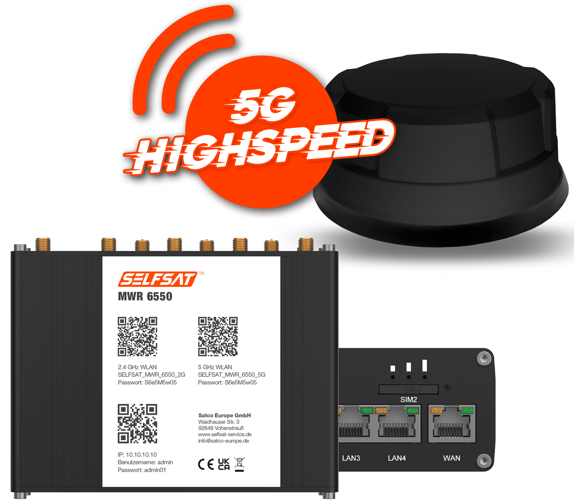 Selfsat 5G Cat 19 WiFi 6 WLAN Router MWR 6550 bis 3,4 Gbps inkl. Panorama Antenne