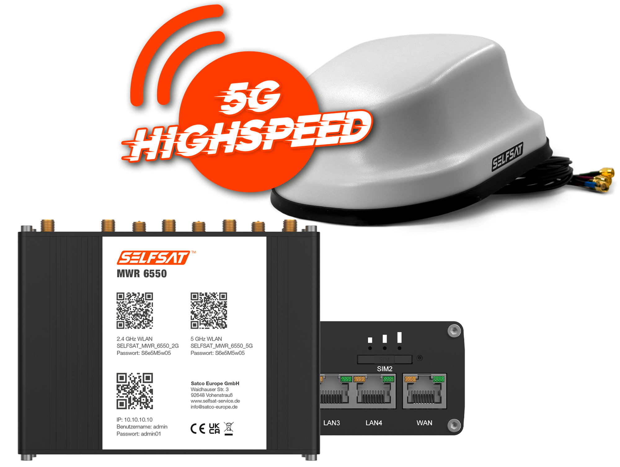 Selfsat 5G Cat 19 WiFi 6 WLAN Router MWR 6550 bis 3,4 Gbps inkl. 5G Antenne weiß - Router