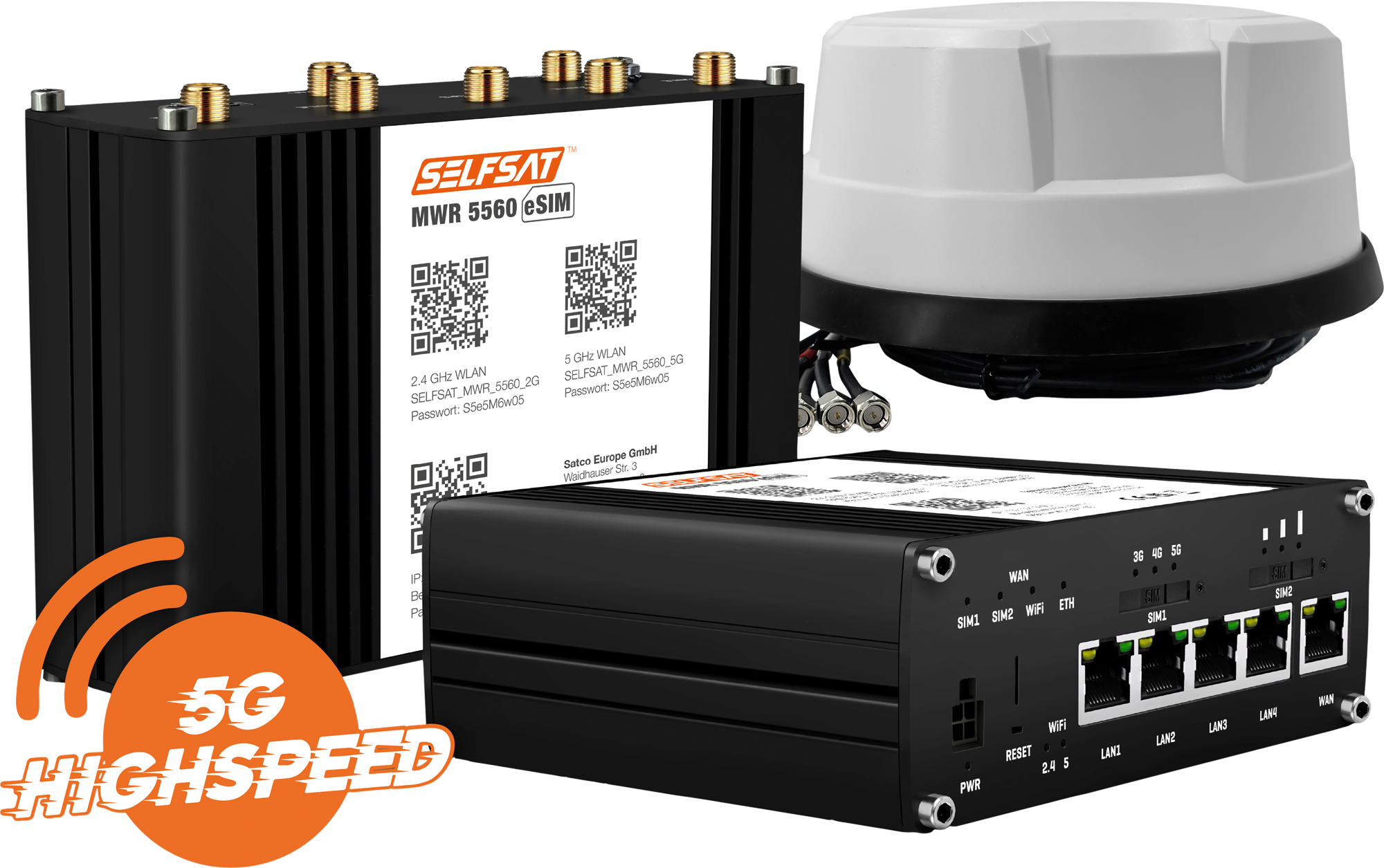 SELFSAT MWR 5560 WLAN Router eSIM 5G Cat 20 bis 3,4 Gbps inklusive Panorama Antenne weiß - 5G-/LTE-Antennen