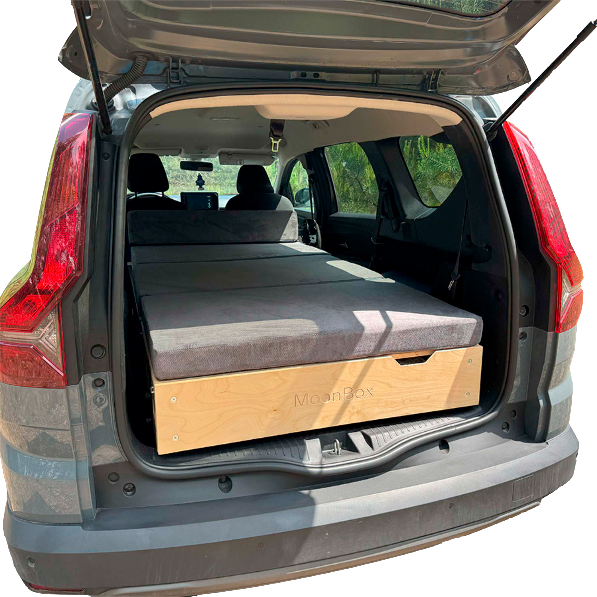 Moonbox Slim Campingbox für Kombis, SUVs und Vans ink. 3-teiliger Schlafauflage, Spülausrüstung und Gaskocher 173-190 x 91 x 23-44,5