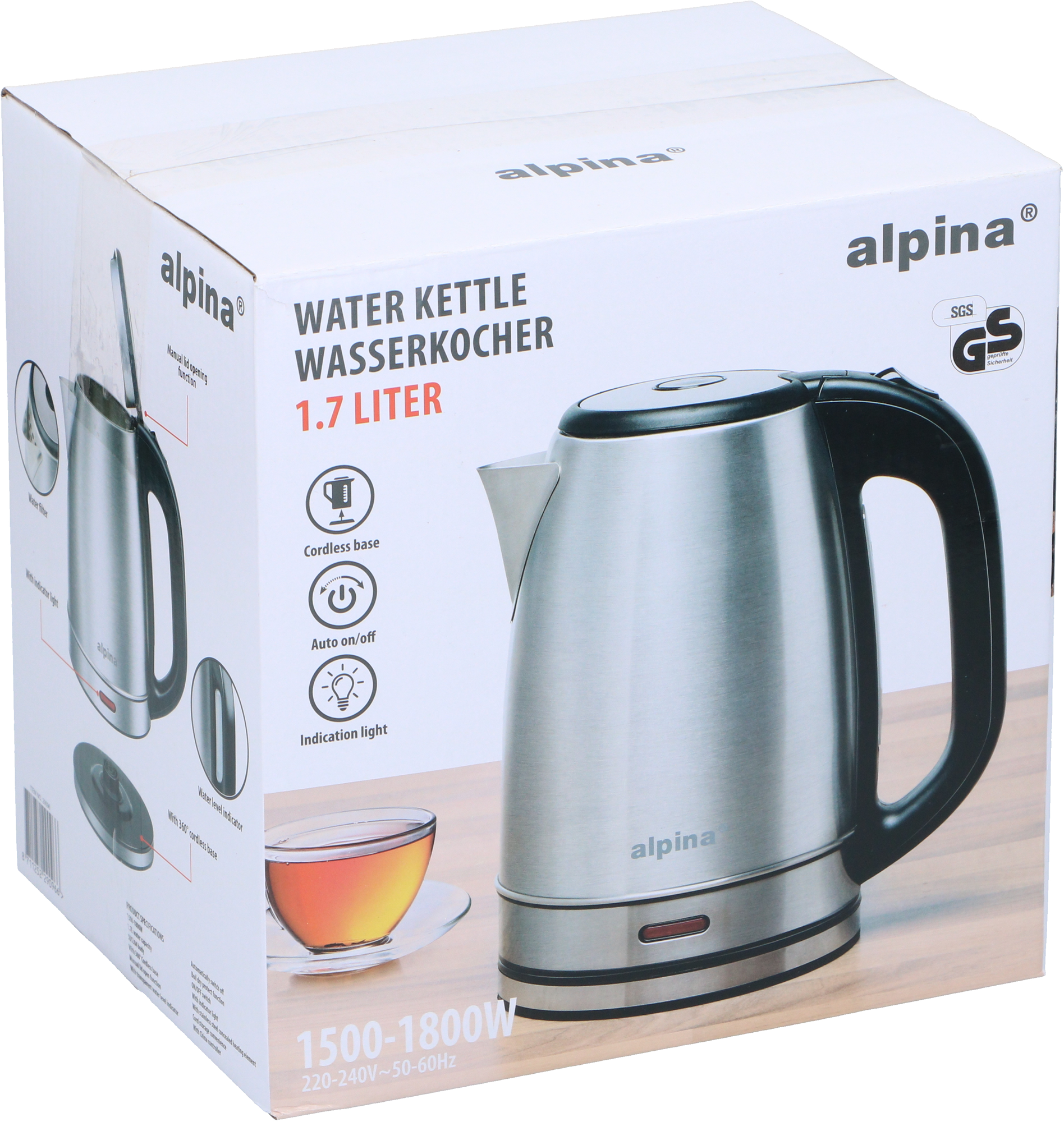 Alpina Edelstahl-Wasserkocher 1,7 Liter 1800 W silber - Kaffeemaschinen & Wasserkocher