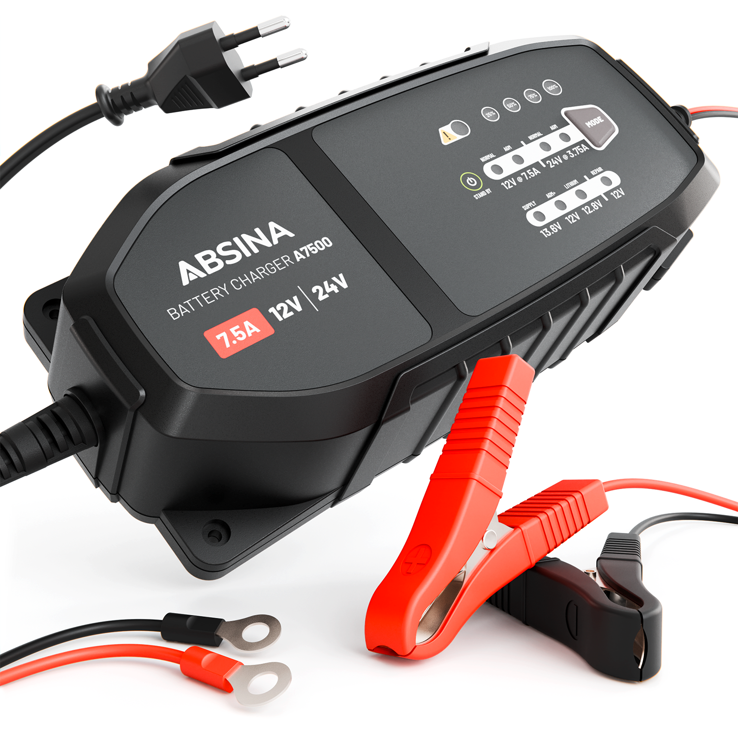 Absina vollautomatisches 10-Stufen-Ladegerät A7500 mit einstellbarem Ladestrom für Fahrzeuge 12 V / 24 V / 3,75 - 7,5