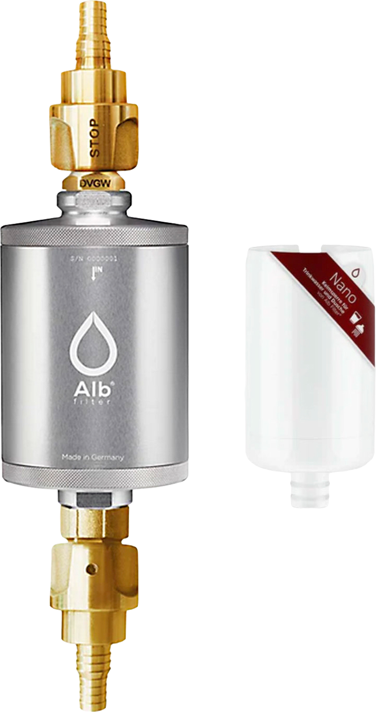 Alb Filter Travel Nano Trinkwasserfilter Keimsperre für den Festeinbau mit Geka Anschluss Silber