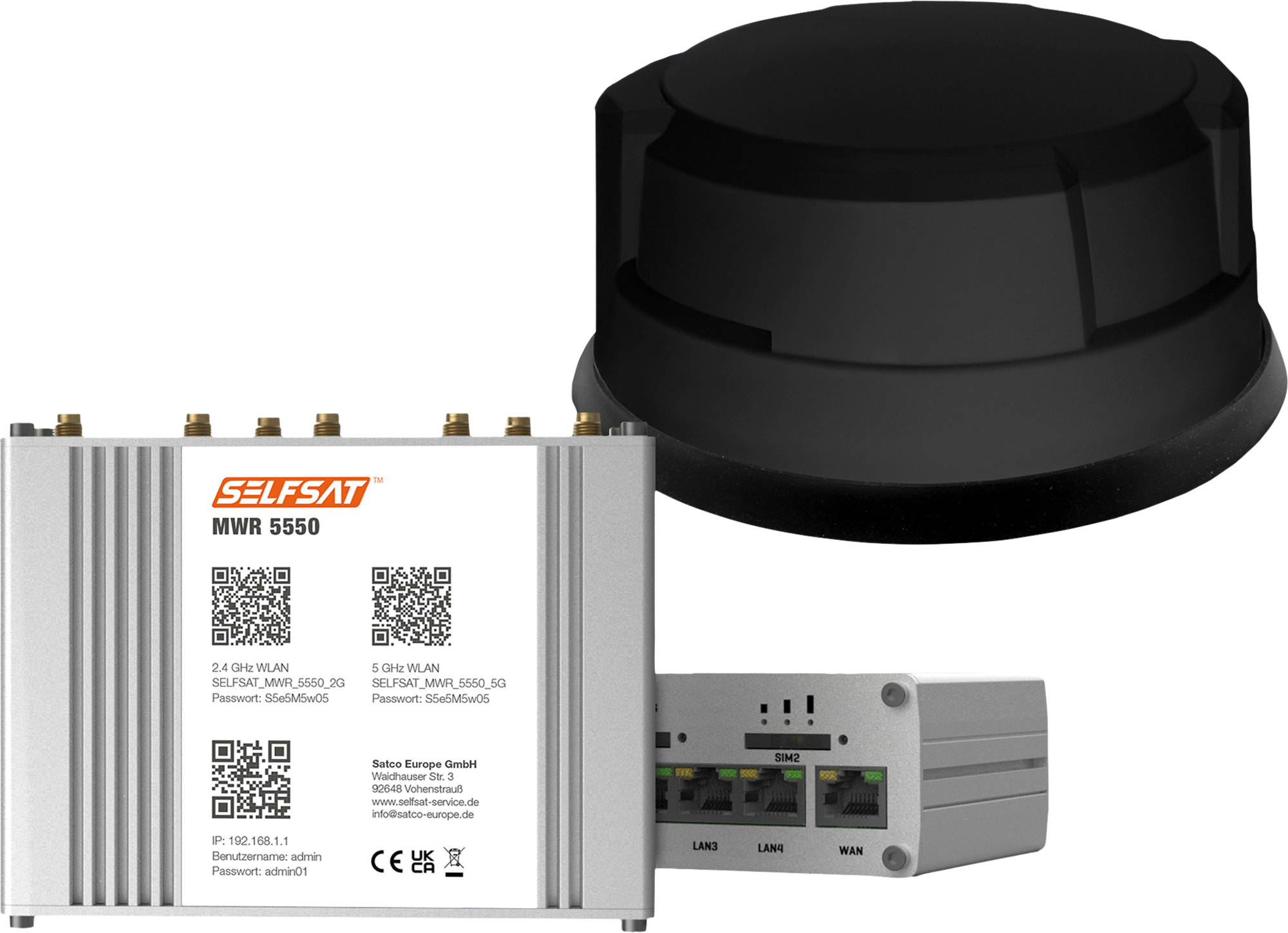 Selfsat Mobiler 5G/4G LTE Router MWR 5550 mit WLAN und GPS inkl. 5G Dachantenne schwarz - Router