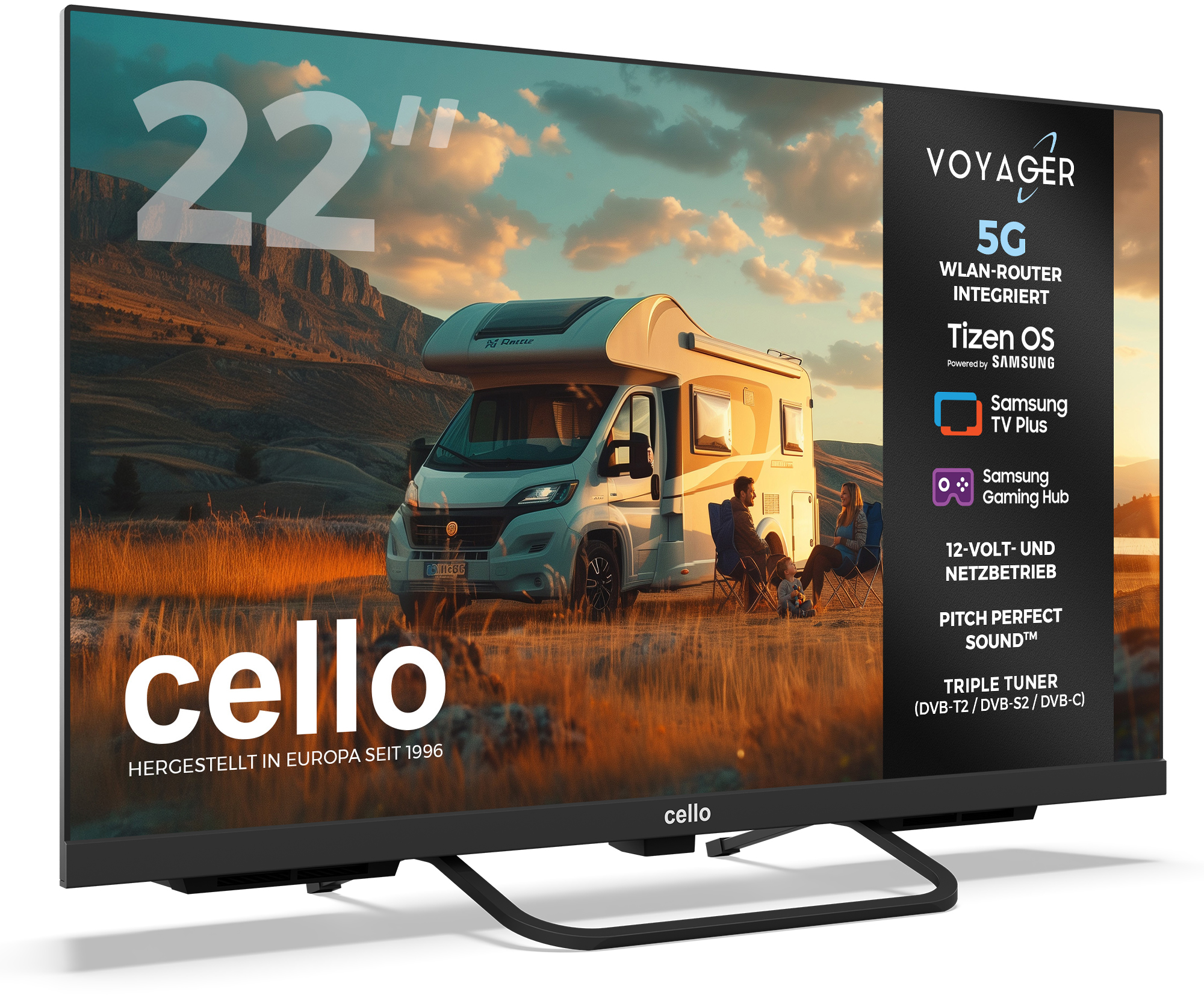 Cello Voyager Smart Camping-TV mit Pitch Perfect Sound System, Tizen OS und integriertem 5G-Router 22 Zoll - Fernseher