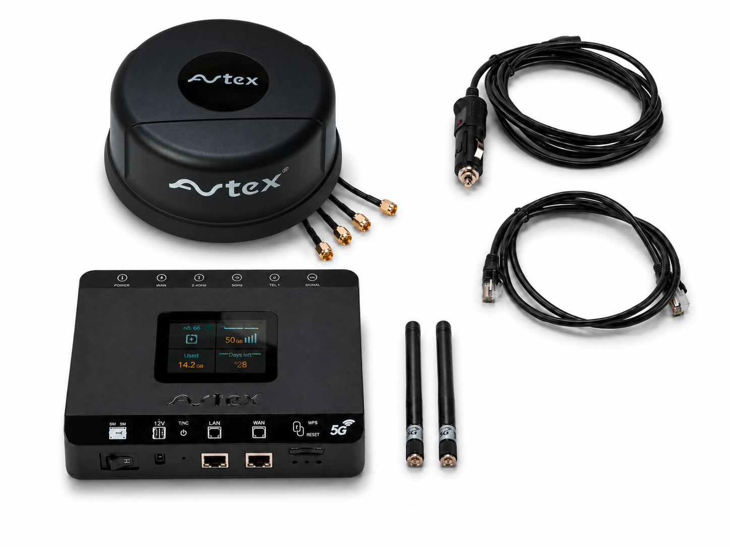 Avtex AMR105X 5G Wi-Fi 6 Dual-SIM-Router mit 5G-Antenne für 12/24 V Antennenfarbe schwarz - Router-Sets