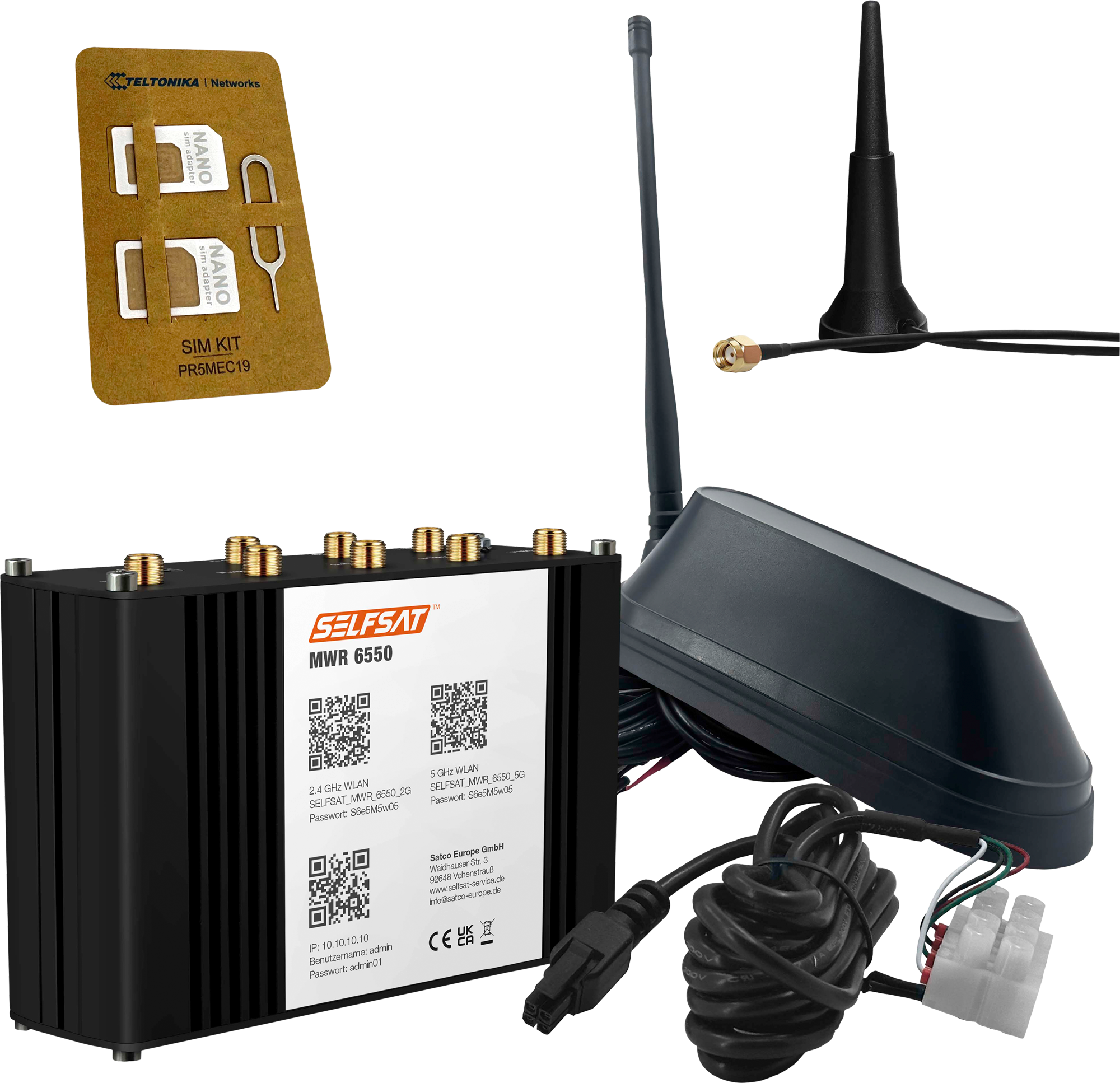Selfsat MWR 6550 5G Cat 19 WiFi 6 WLAN Router mit SHARK 5G Dachantenne schwarz bis 3,4 Gbps - Router-Sets