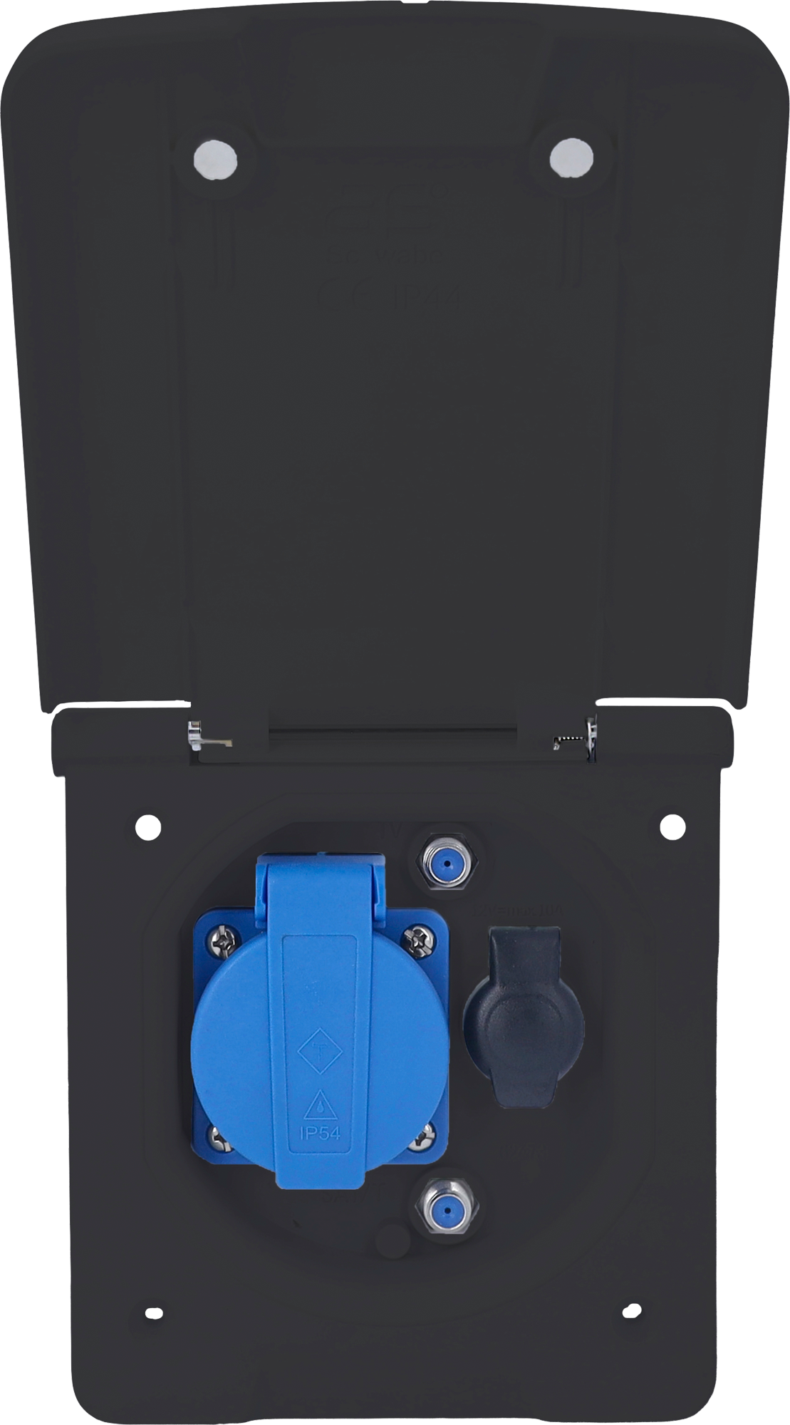 Schwabe Caravan Vorzelt-Multifunktionssteckdose inkl 1x Schutzkontaktsteckdose 230 V / 1x Steckdose 12 V /  2x SAT-Steckdosen schwarz - 230 V Steckdosen von AS-Schwabe
