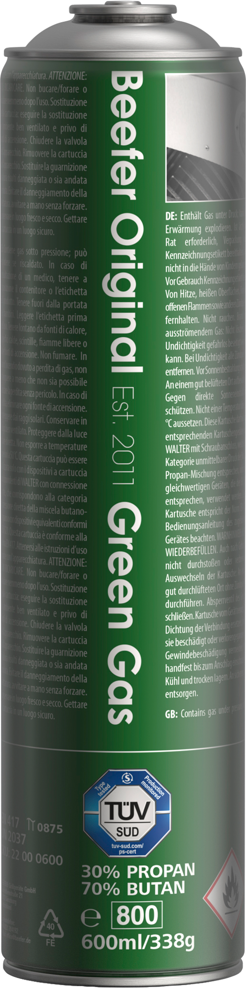 Beefer Green Gas Propangas-Kartusche 600 ml 1er Set geeignet für Beefer One
