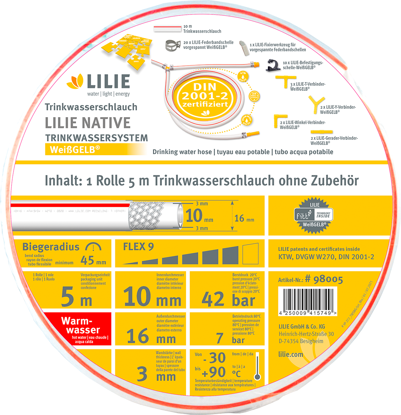 Lilie native 50m Rolle Trinkwasserschlauch 10x16mm -