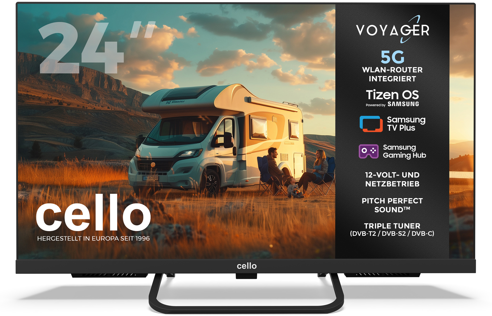 Cello Voyager Smart Camping-TV mit Pitch Perfect Sound System, Tizen OS und integriertem 5G-Router 24 Zoll - Fernseher