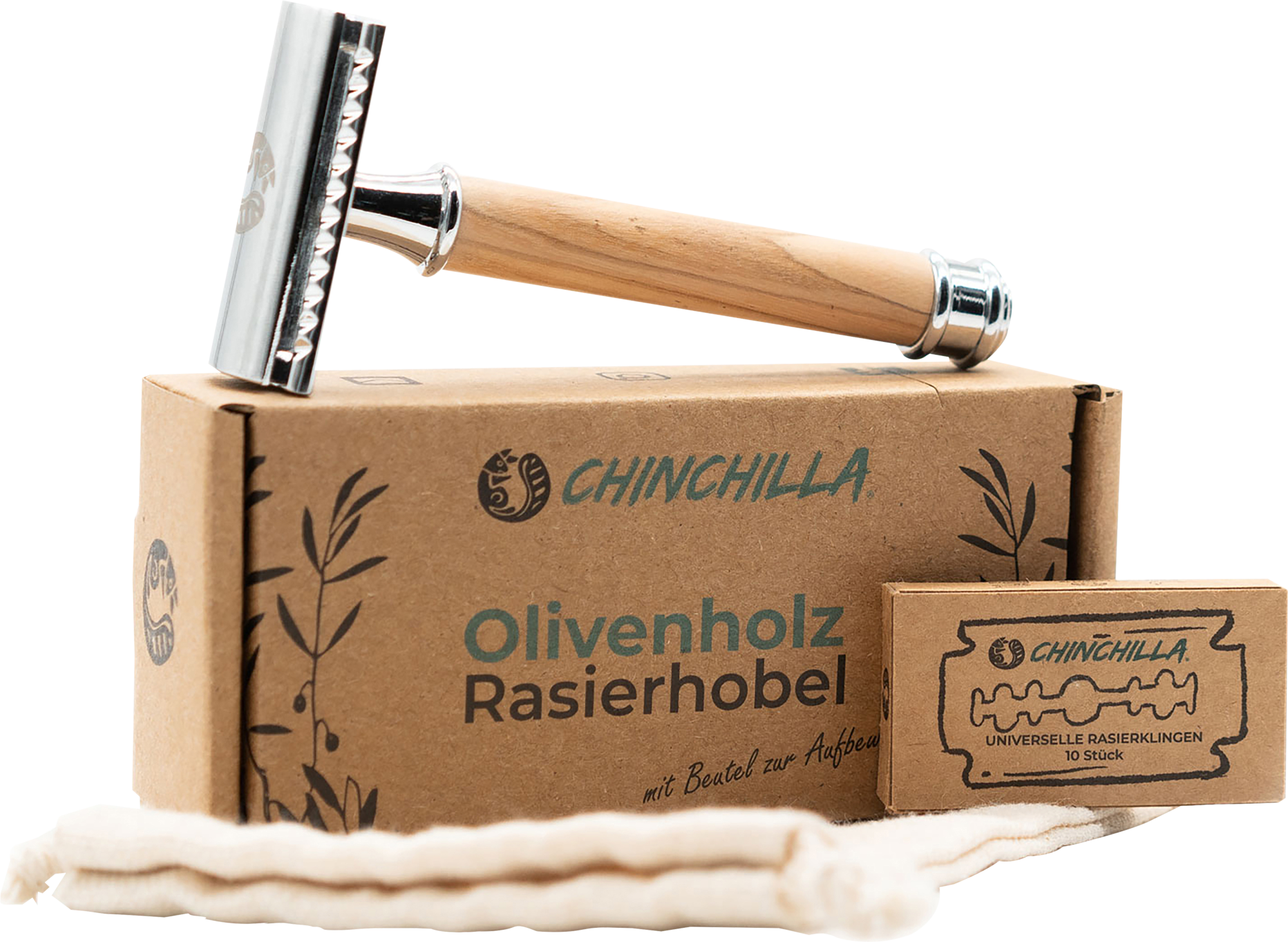 Chinchilla Rasierhobel inklusive 10 Rasierklingen und Baumwollbeutel