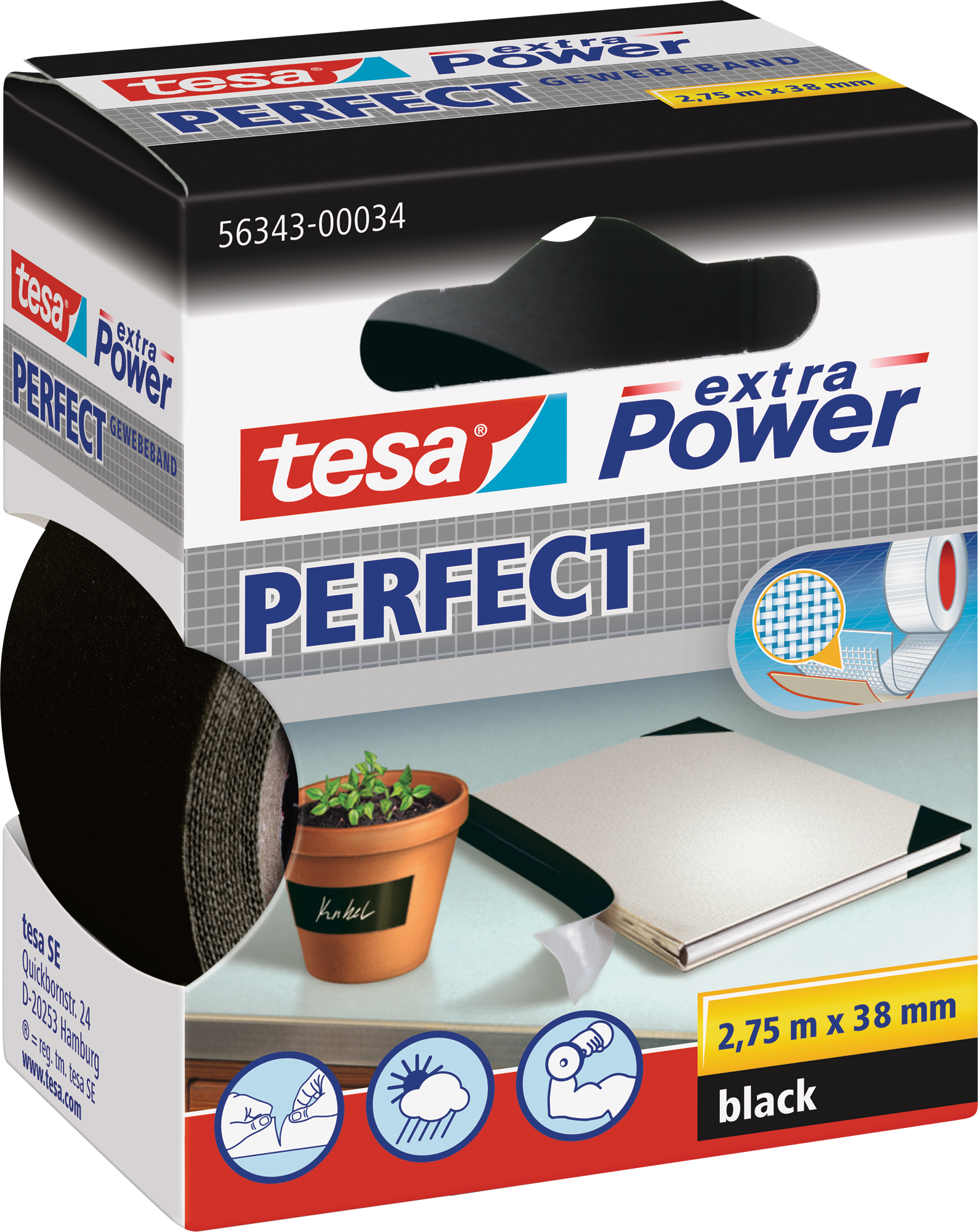Tesa Extra Power Perfect Klebeband Gewebe 2,75 m Schwarz 38 mm