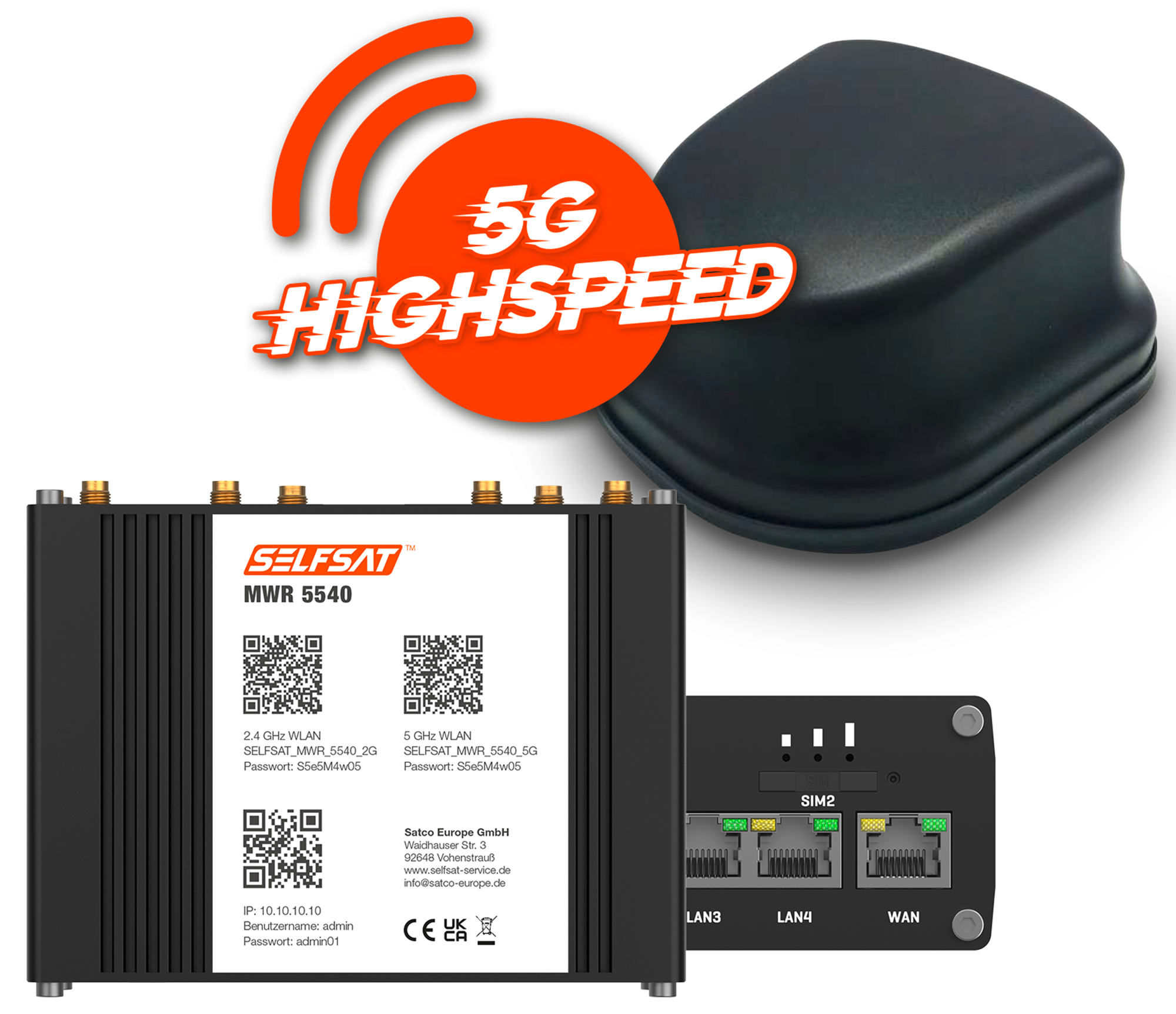 Selfsat 5G Cat 12 WLAN Router MWR 5540 inkl. 5G Antenne bis 2,6 Gbps schwarz