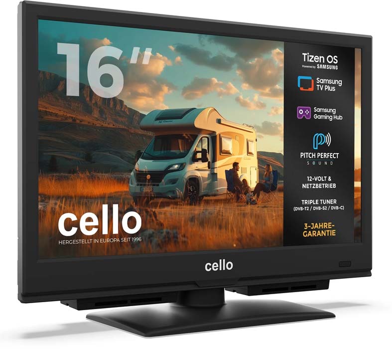 Cello CTrav-16TZ LED-Fernseher (40,64 cm/16 Zoll, Full-HD, Smart-TV, Smart Tizen OS powered by Samsung, Pitch Perfect Sound™, Triple Tuner)