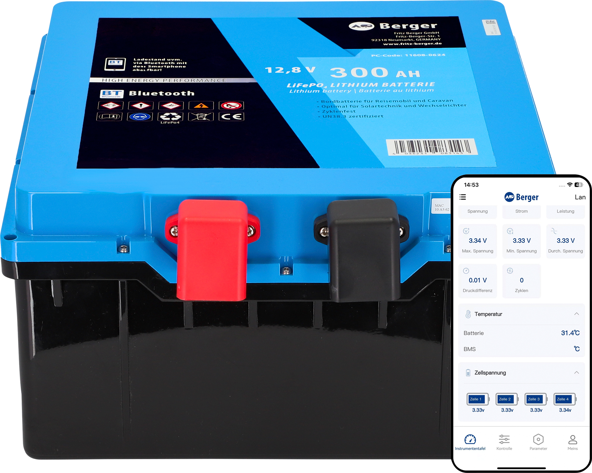Berger LiFePO4 Lithium Untersitz Batterie Pro 300 Ah 12V mit Bluetooth & Heizung