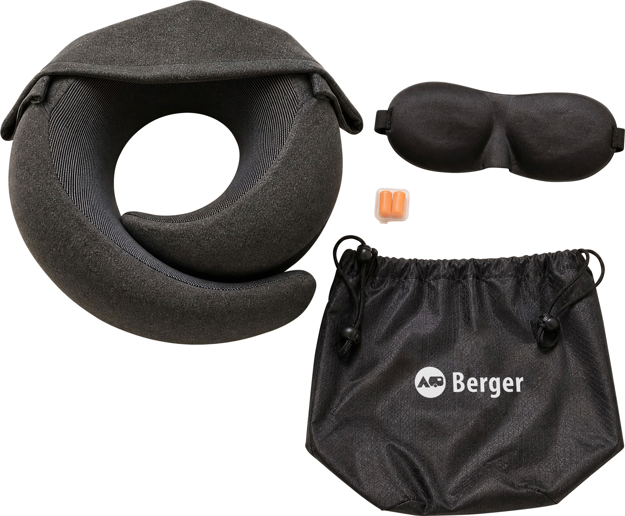 Berger TravelCloud Nackenkissen mit Kapuze, Schlafmaske und Ohrstöpsel Set 3-teilig - Reisekissen & Sitzunterlagen
