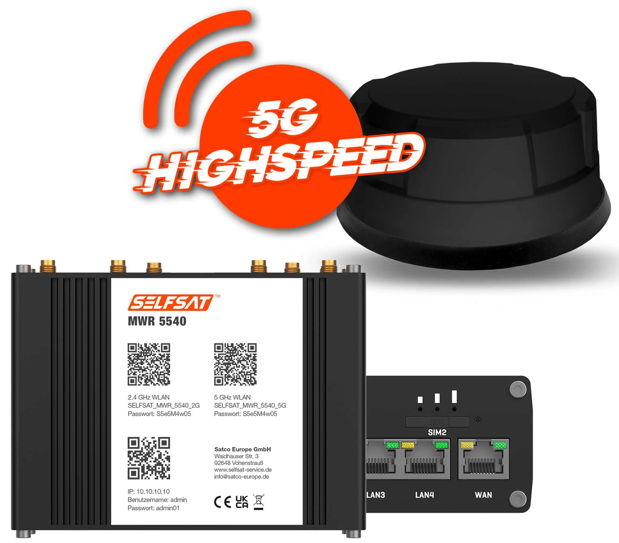 Selfsat 5G Cat 12 WLAN Router MWR 5540 bis 2,6 Gbps inkl. Panorama Antenne schwarz - Router