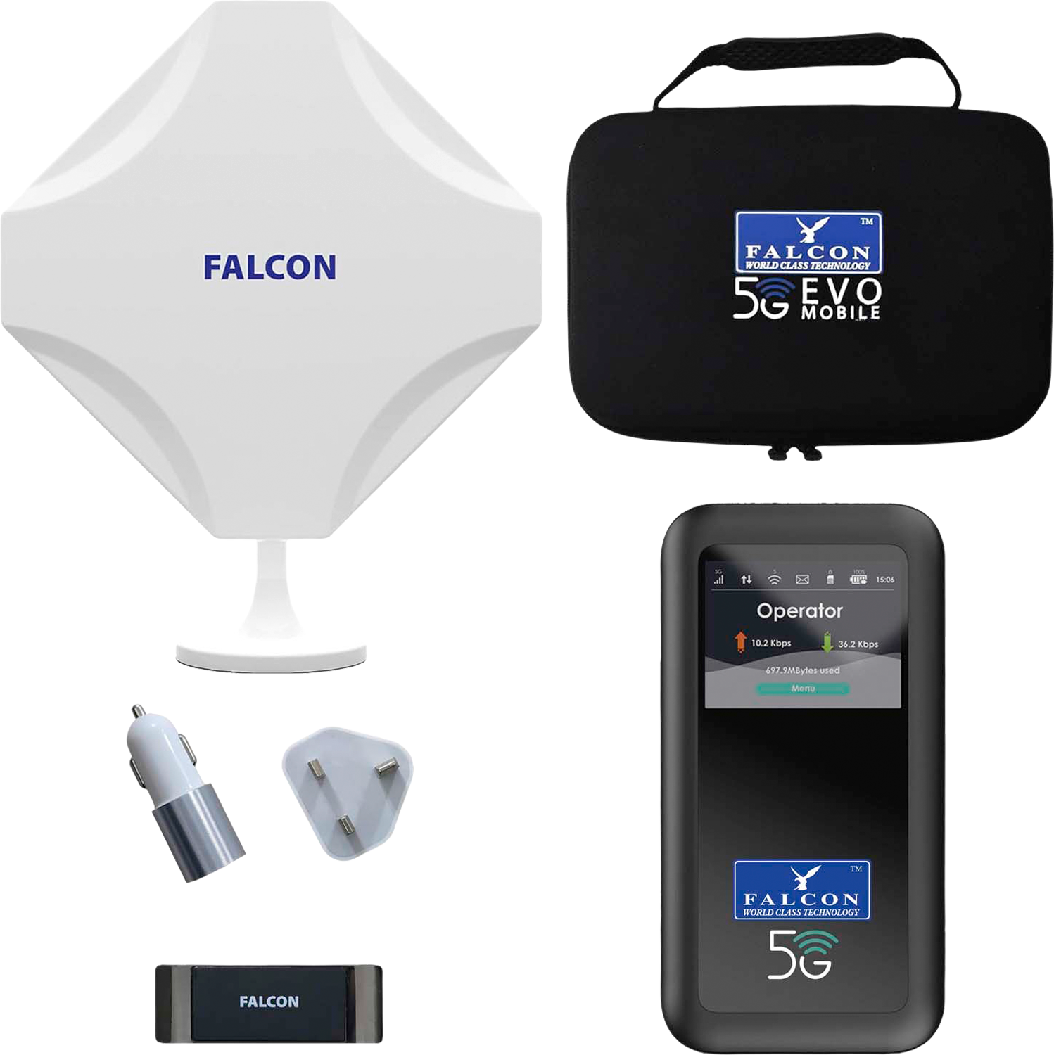 Falcon Evo 5G Mobile Deluxe Internetantenne mit tragbarem Router und bis zu 3400 Mbit/s