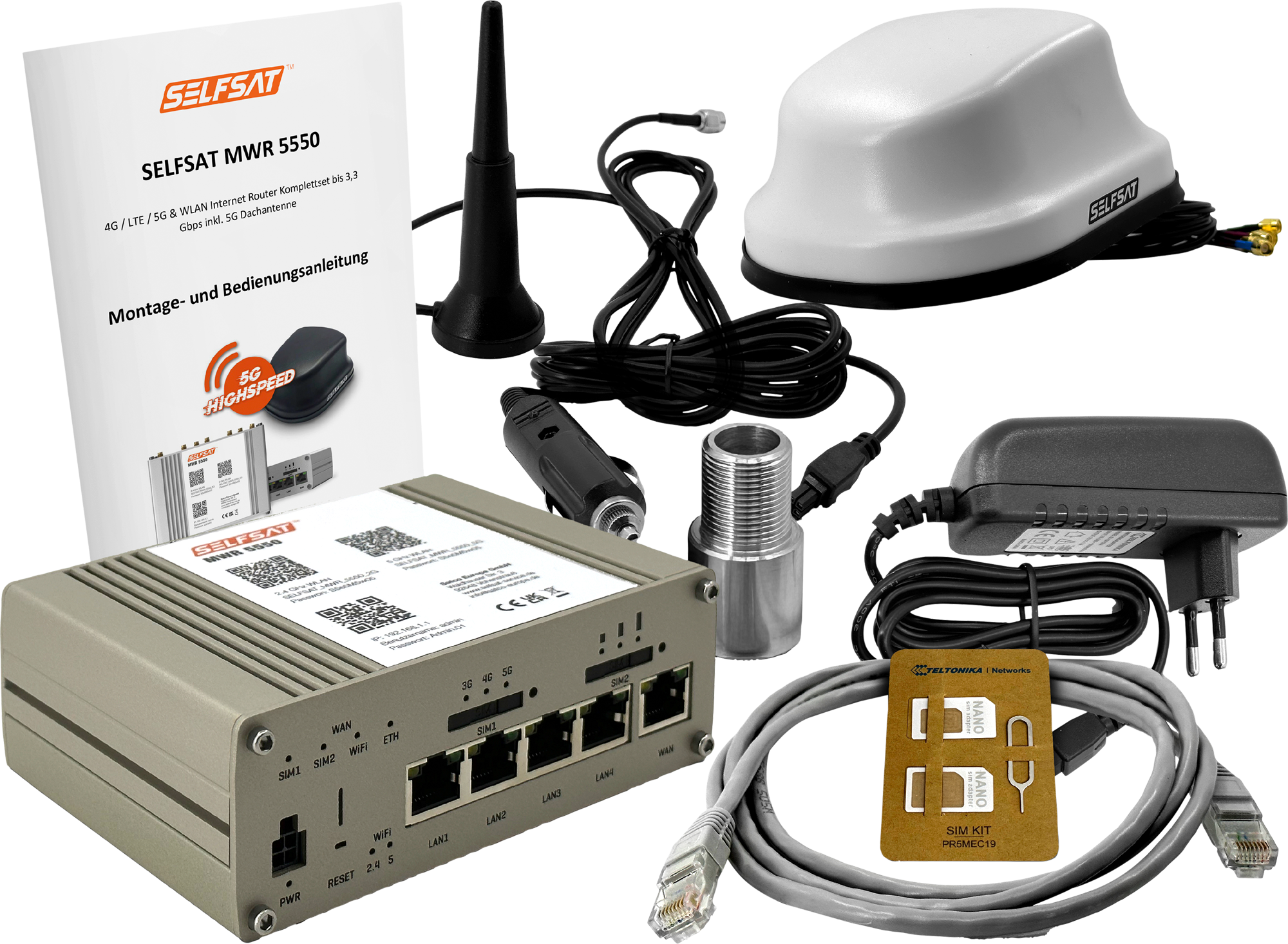 Selfsat MWR 5550 4G / LTE / 5G und WLAN Internet Router inklusive 5G Dachantenne bis 3,3 Gps