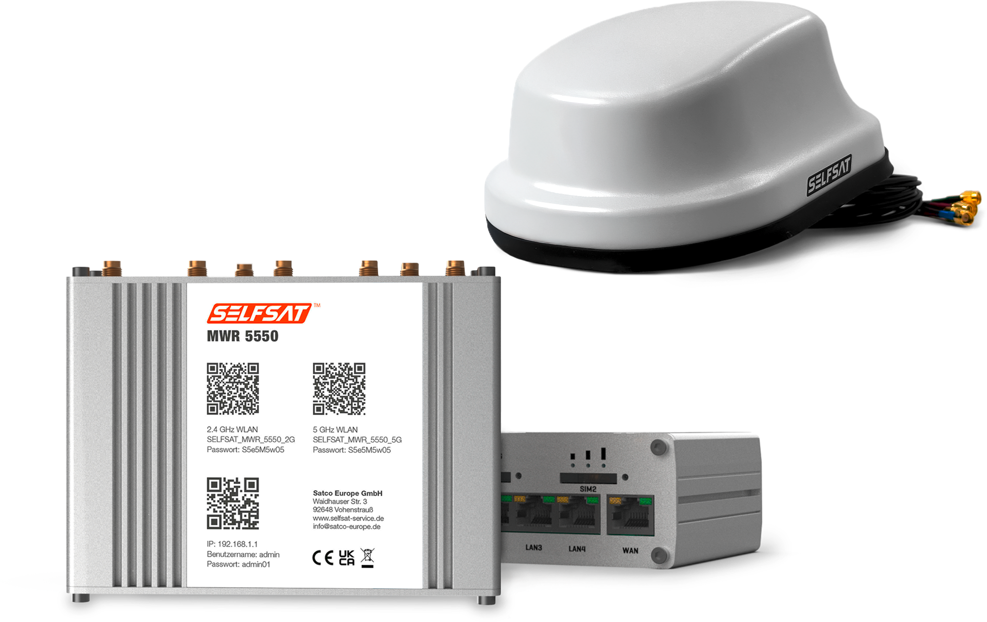 Selfsat 4G / LTE / 5G & WLAN Internet Router Komplettset MWR 5550 bis 3,3 Gbps inkl. 5G Dachantenne weiß