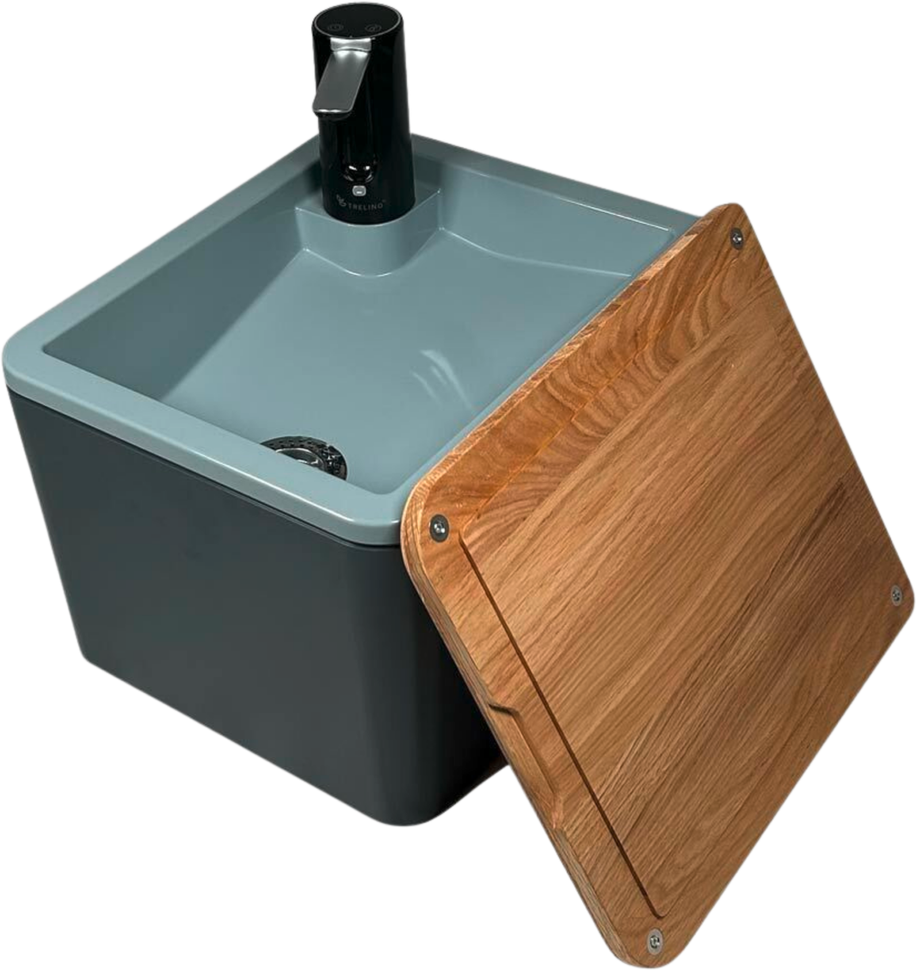 Trelino Splash Waschbecken L mobiles Waschbecken 10 Liter mit Holzdeckel anthrazit  - Waschbecken