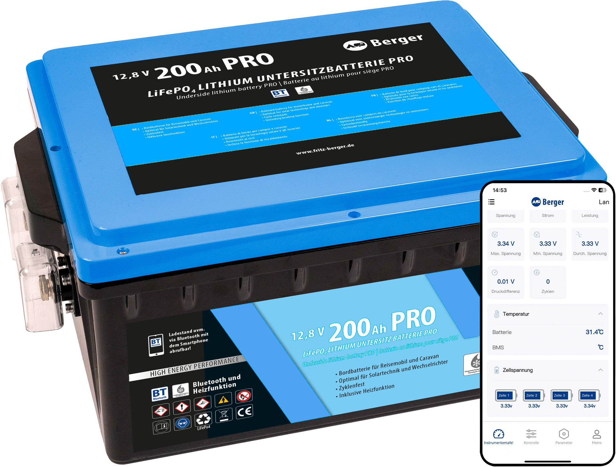 Berger LiFePO4 Lithium Untersitz-Batterie  Pro 200 Ah 12V mit Bluetooth & Heizung