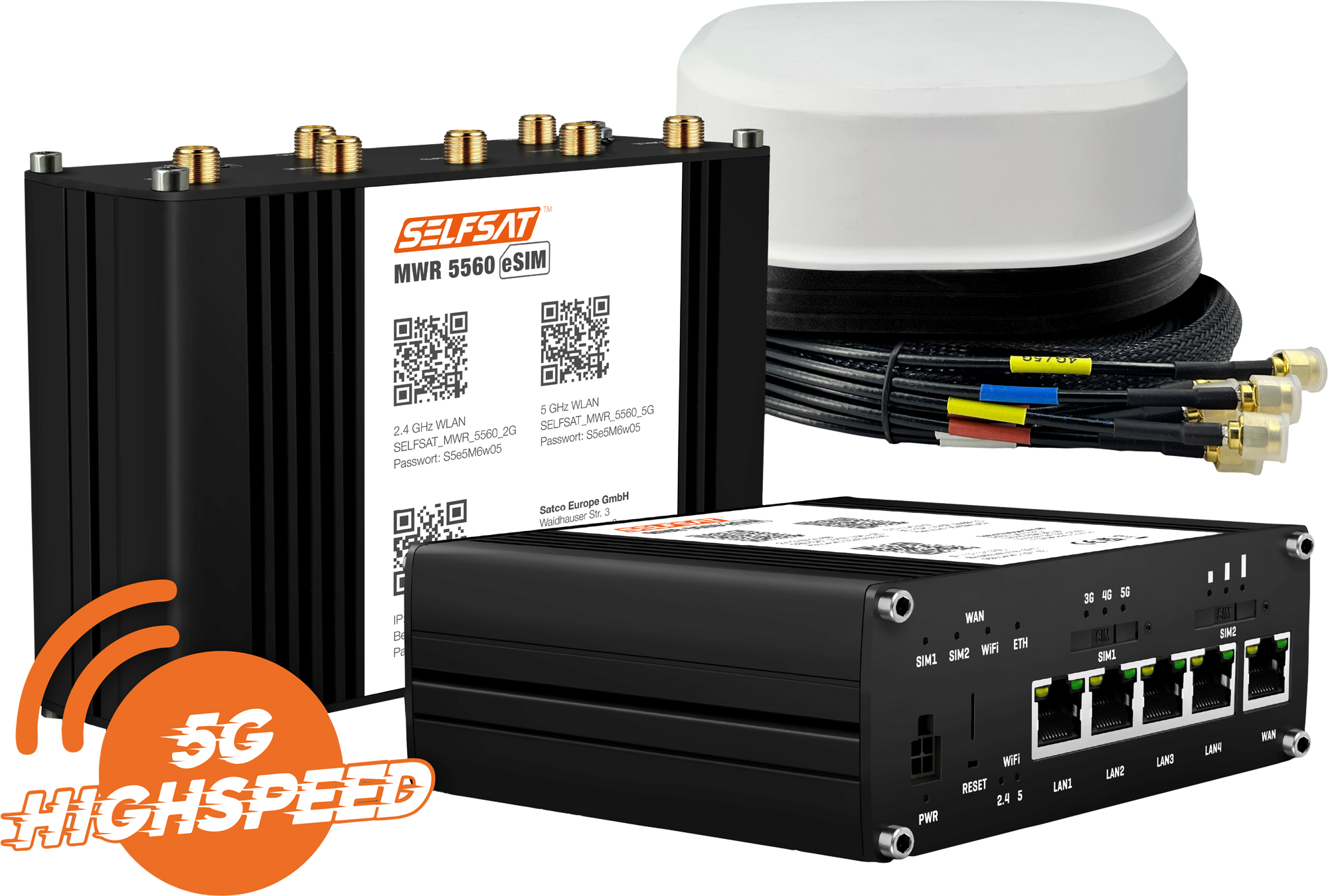 SELFSAT MWR 5560 WLAN Router eSIM 5G Cat 20 bis 3,4 Gbps inklusive SATCO 5G Antenne