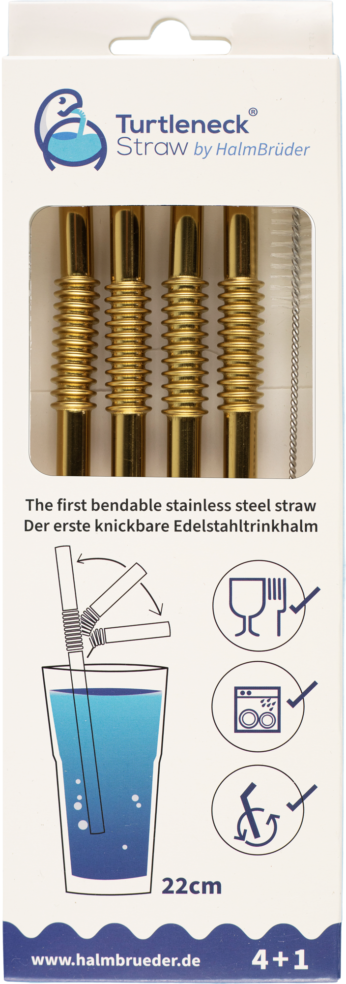 Turtleneck Straw Biegsamer Trinkhalm aus Edelstahl 4 Stück / 22 cm inklusive Reinigungsbürste