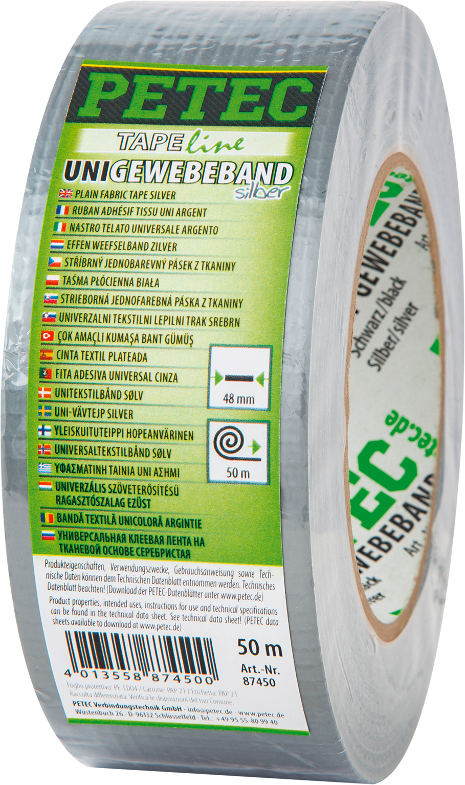 Petec Uni-Gewebeband Klebeband 50 m x 48 mm in silber - Klebstoffe & Dichtmittel